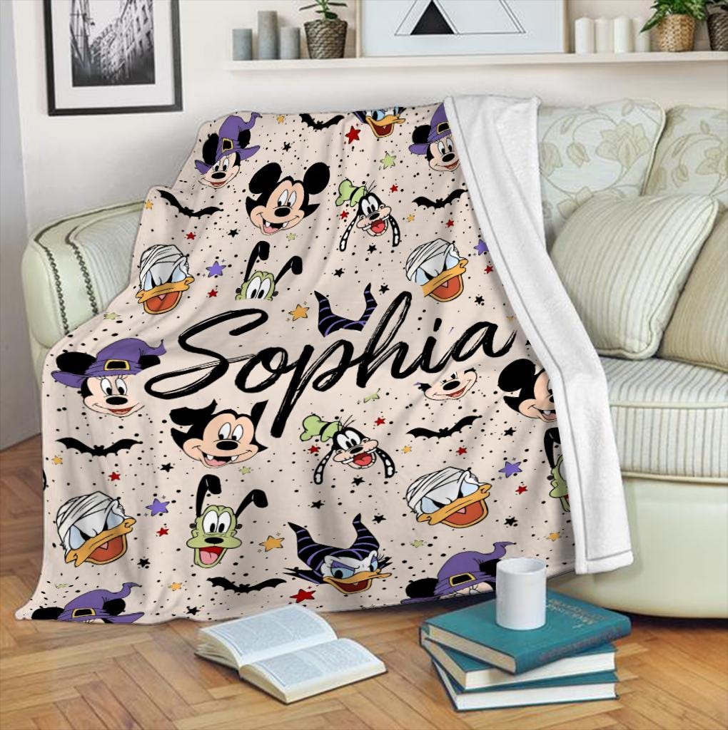 Personalized Spooky Name Blanket, Custom Mickey and Friends Halloween Throw Blanket, Spooky Season Gift, Cozy Fleece Bedding, Spooky Blanket