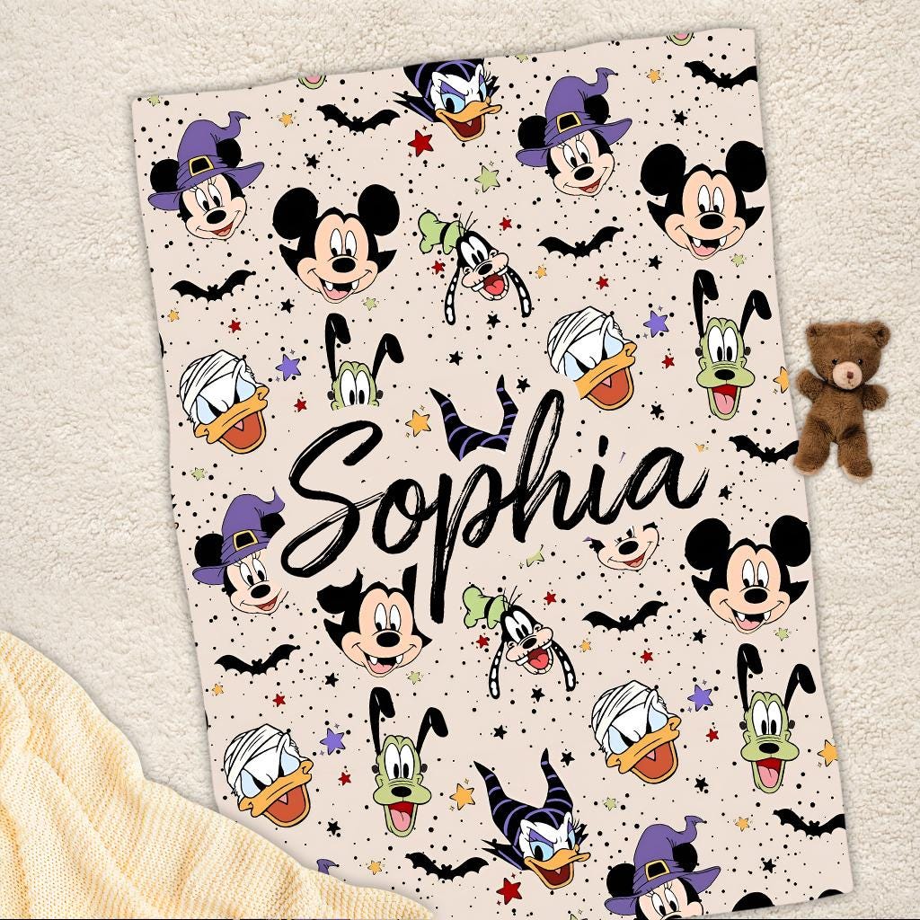 Personalized Spooky Name Blanket, Custom Mickey and Friends Halloween Throw Blanket, Spooky Season Gift, Cozy Fleece Bedding, Spooky Blanket