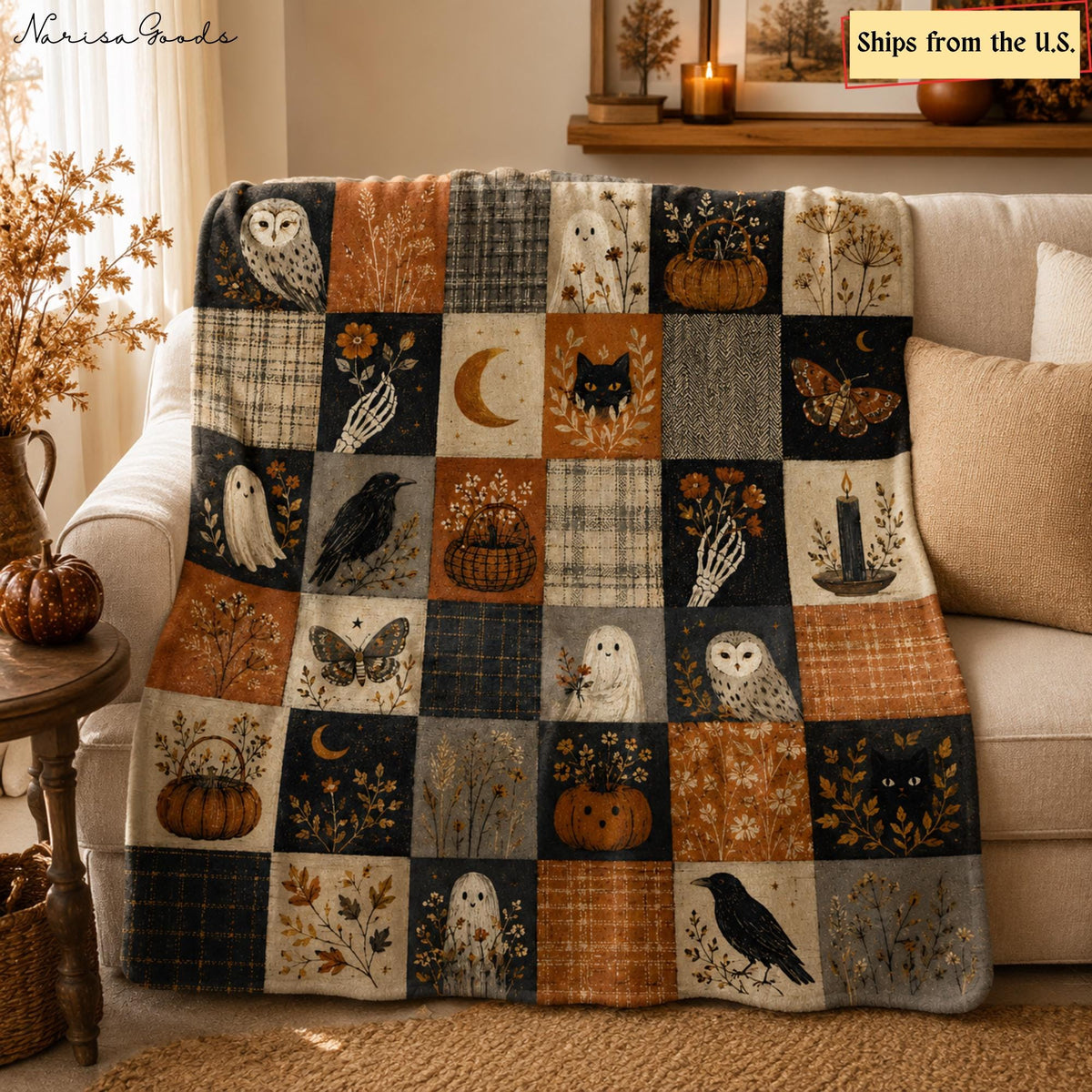 Vintage Halloween Flannel Blanket, Patchwork Ghost Owl Black Cat Throw,Pumpkin Crow Moth Fall Decor,Spooky Cottagecore Autumn Halloween Gift