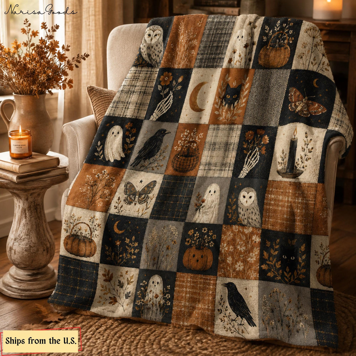 Vintage Halloween Flannel Blanket, Patchwork Ghost Owl Black Cat Throw,Pumpkin Crow Moth Fall Decor,Spooky Cottagecore Autumn Halloween Gift