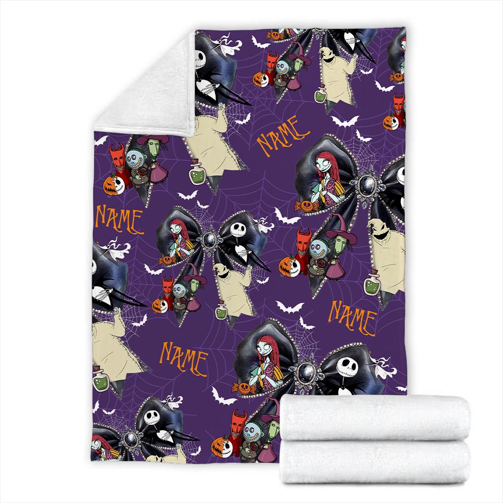 Personalized Spooky Name Blanket, Custom Halloween Coquette Bow Throw Blanket, Nightmare Christmas Blanket, Cozy Fleece Spooky Gift