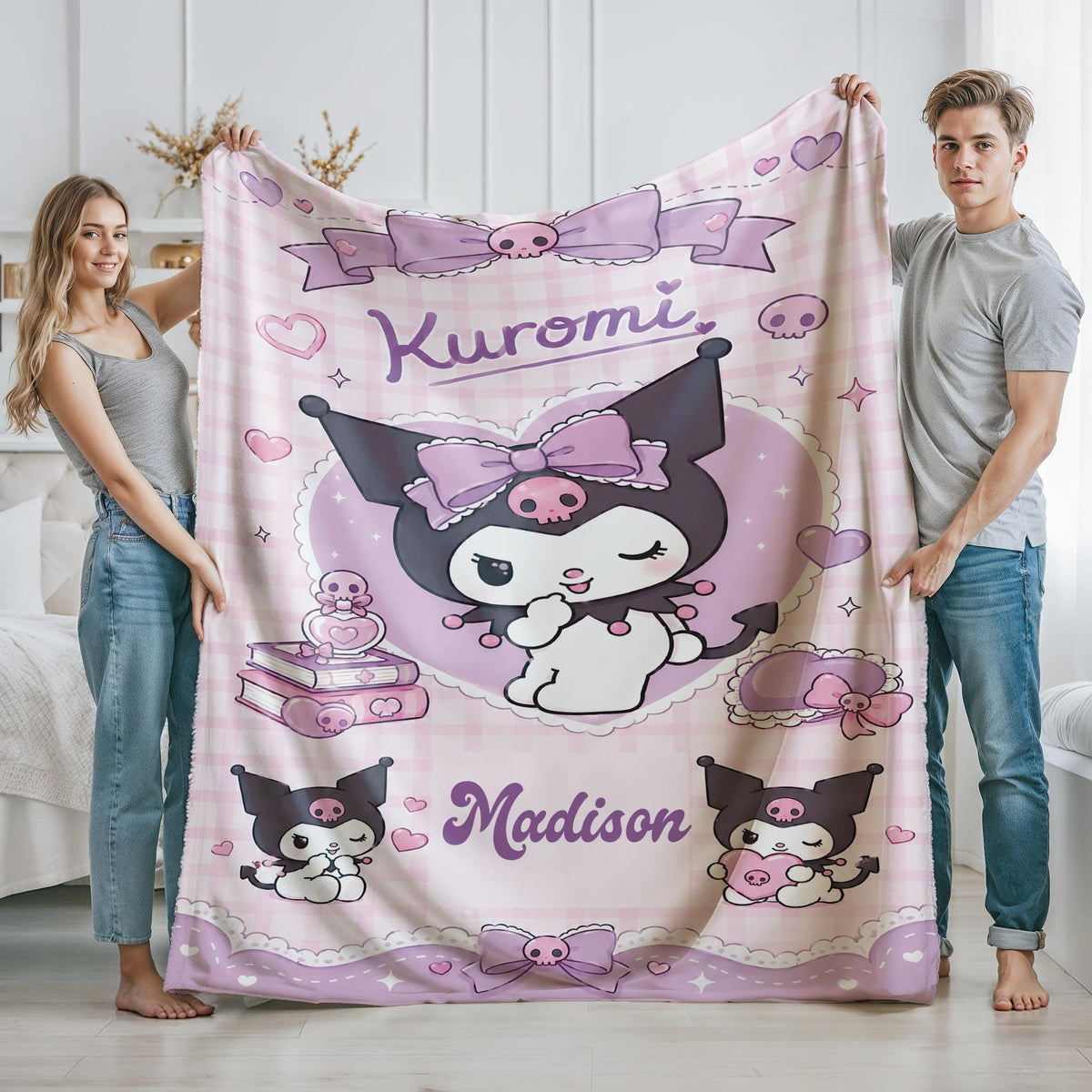 Personalized Kuromi Blanket, Custom Kuromi Throw with Name, Sanrio Kids Cozy Blanket, Kawaii Gift for Girls, Cute Anime Birthday Gift