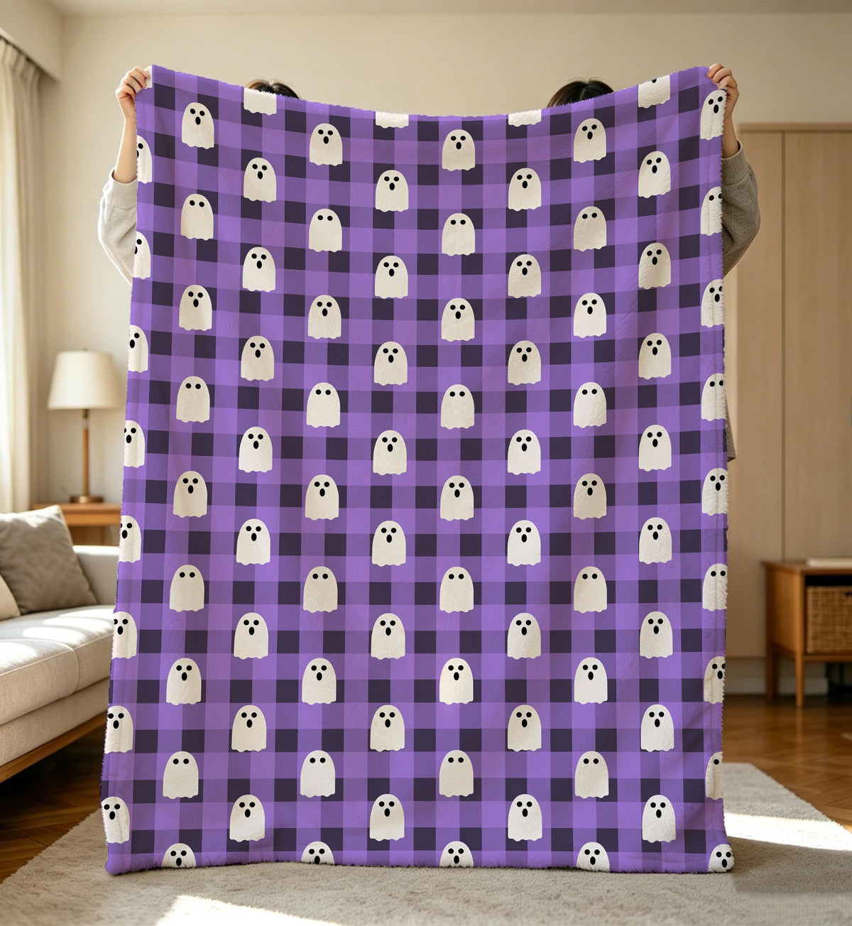 Gingham Ghost Flannel Blanket,Minimalist Halloween Fall Couch Heirloom Throw,Western Home Decor,Spooky Fall Blanket,Fall Autumn Blankets