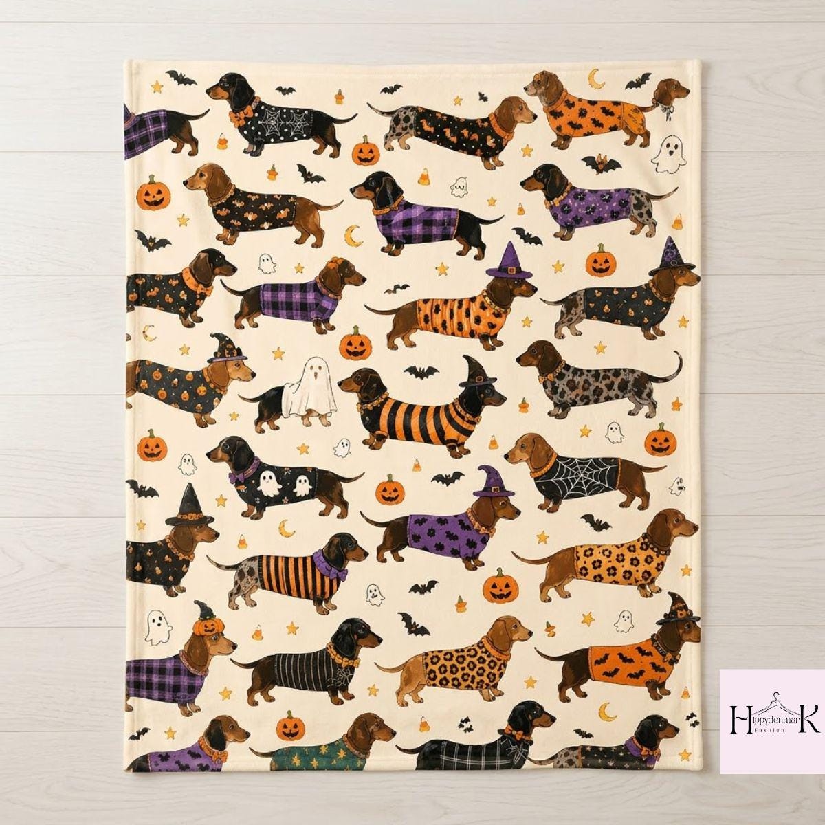 Spooky Dachshund Halloween Blanket, Sausage Dog Throw Blanket, Cute Wiener Dog Pattern Blanket, Dog Mom Gift, Cozy Couch Blanket