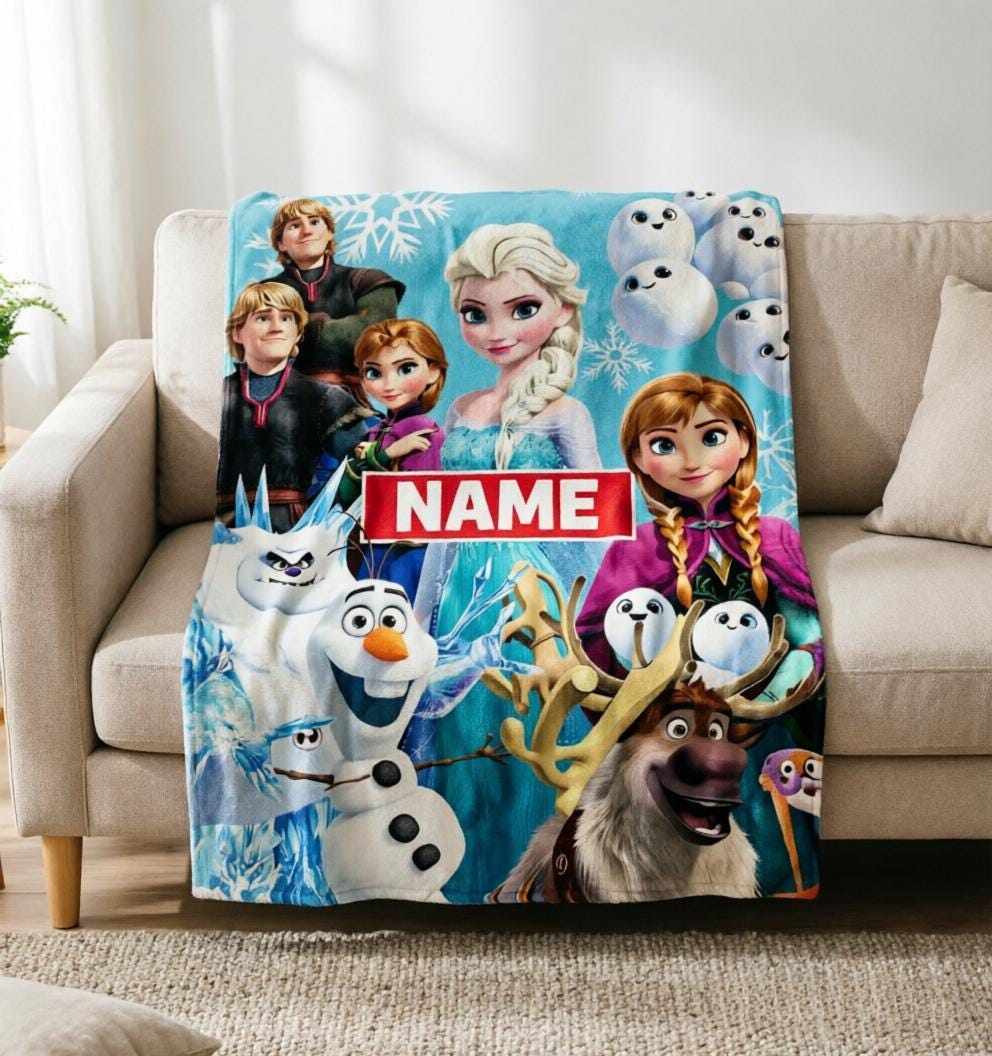 Personalized Frozen Princess Blanket Soft Throw, Custom Name Kids Keepsake Gift, Snowflake Ice Design for Girls Bedroom Decor