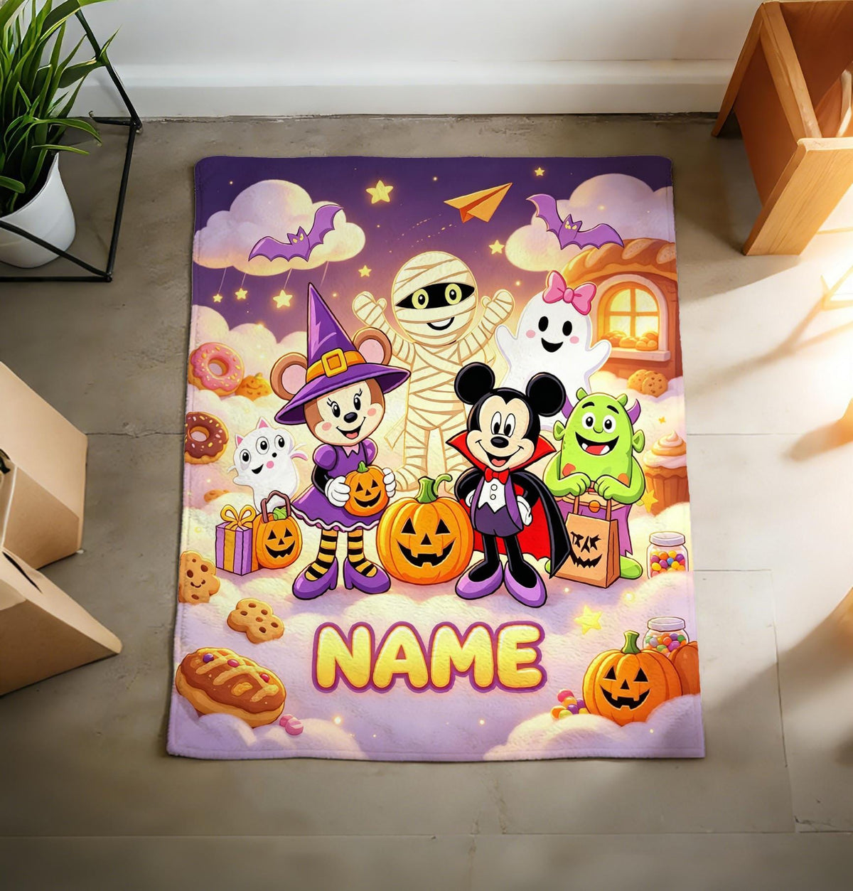 Personalized Spooky Holiday Blanket Soft Throw, Custom Name Kids Keepsake Gift, Whimsical Trick‑or‑Treat Art for Children Bedroom Decor