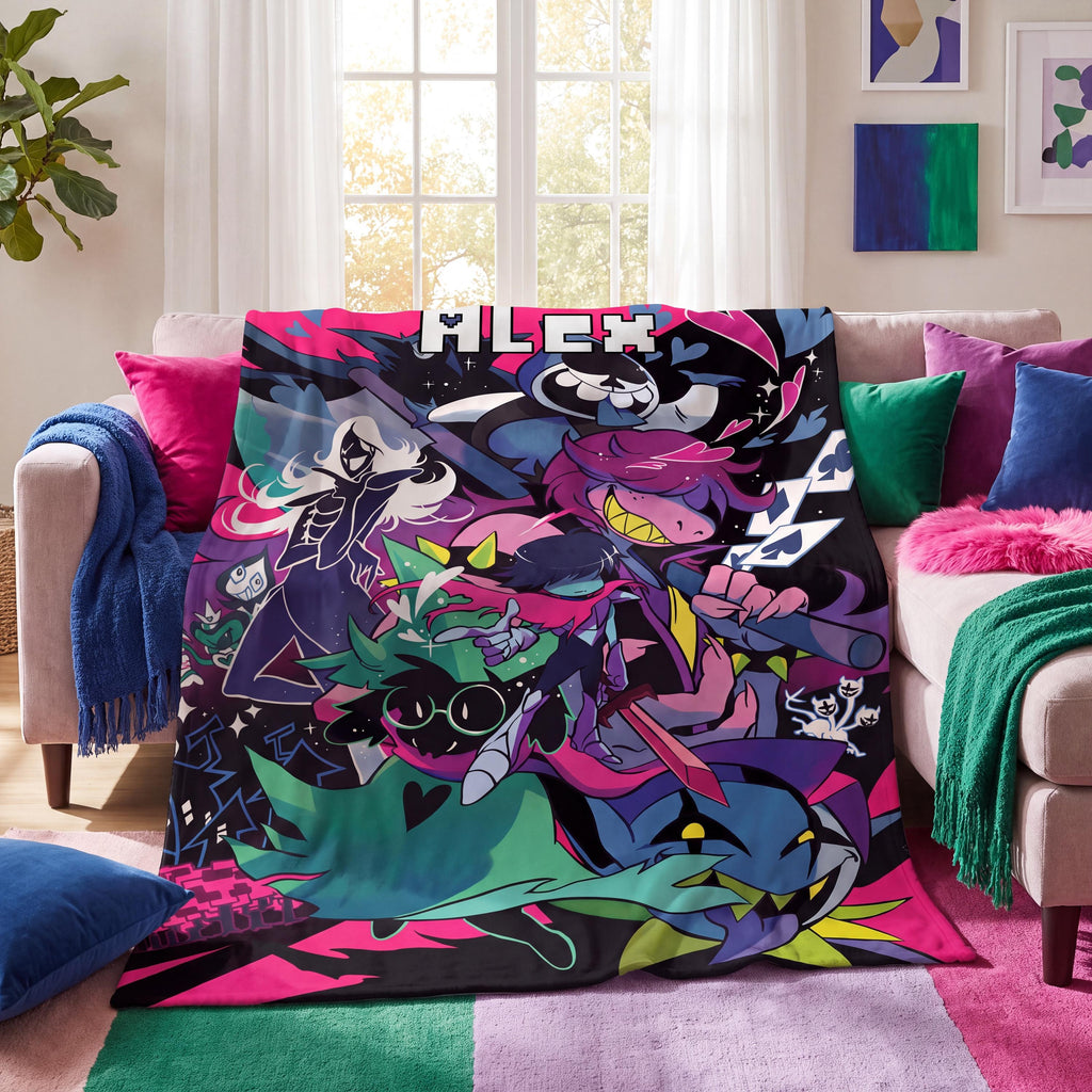 Custom Name Personalized Flannel Throw Blanket RPG Pixel Video Game Character Art Neon Room Decor Boys Kids Fan Merchandise Gamer Gift Idea