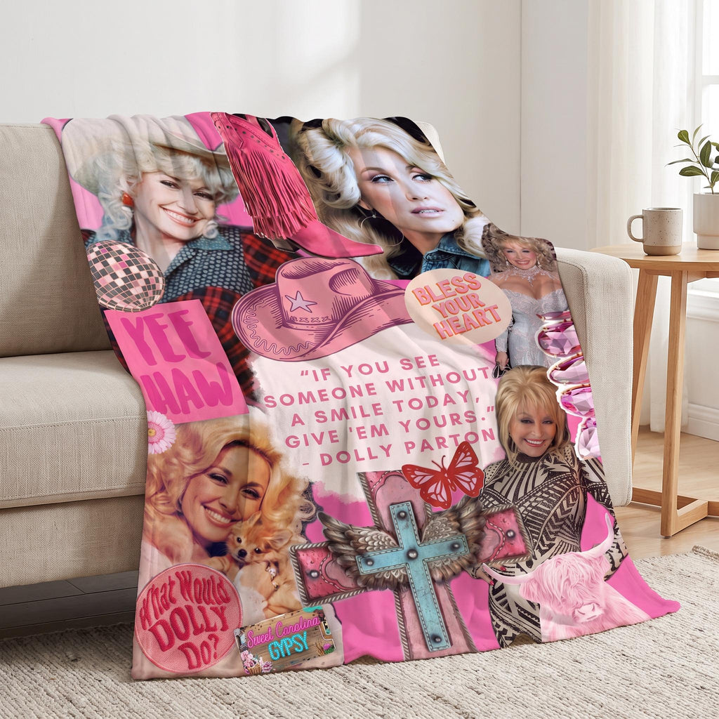 Dolly Parton Pink Western Throw Blanket, Disco Cowgirl Collage Decor, Retro Southern Aesthetic Room Accent, Country Music Gift for Her