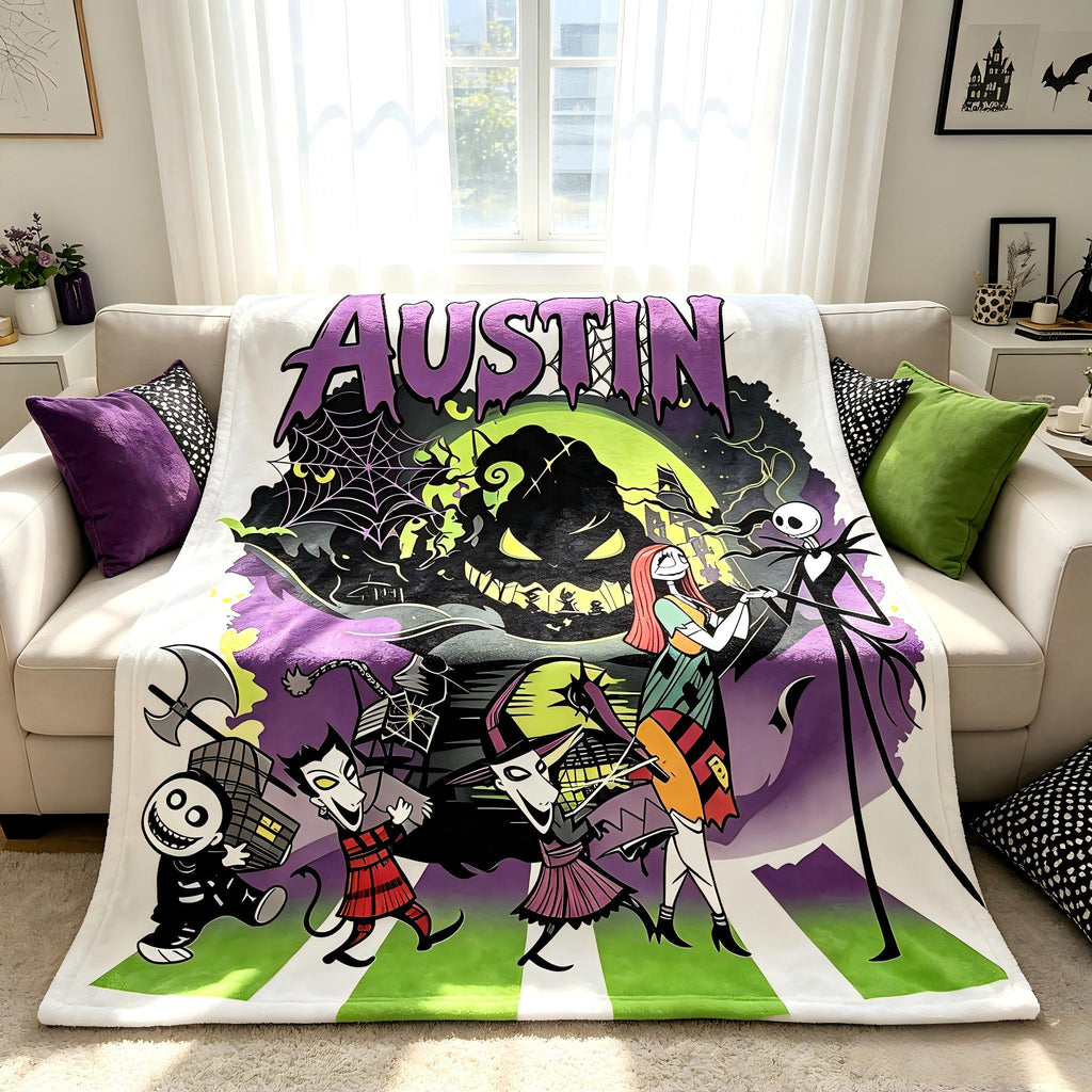 Personalized Jack and Sally Flannel Blanket, Custom Name Spooky Halloween Throw, Gothic Christmas Gift For Kids, Halloween Town Decor