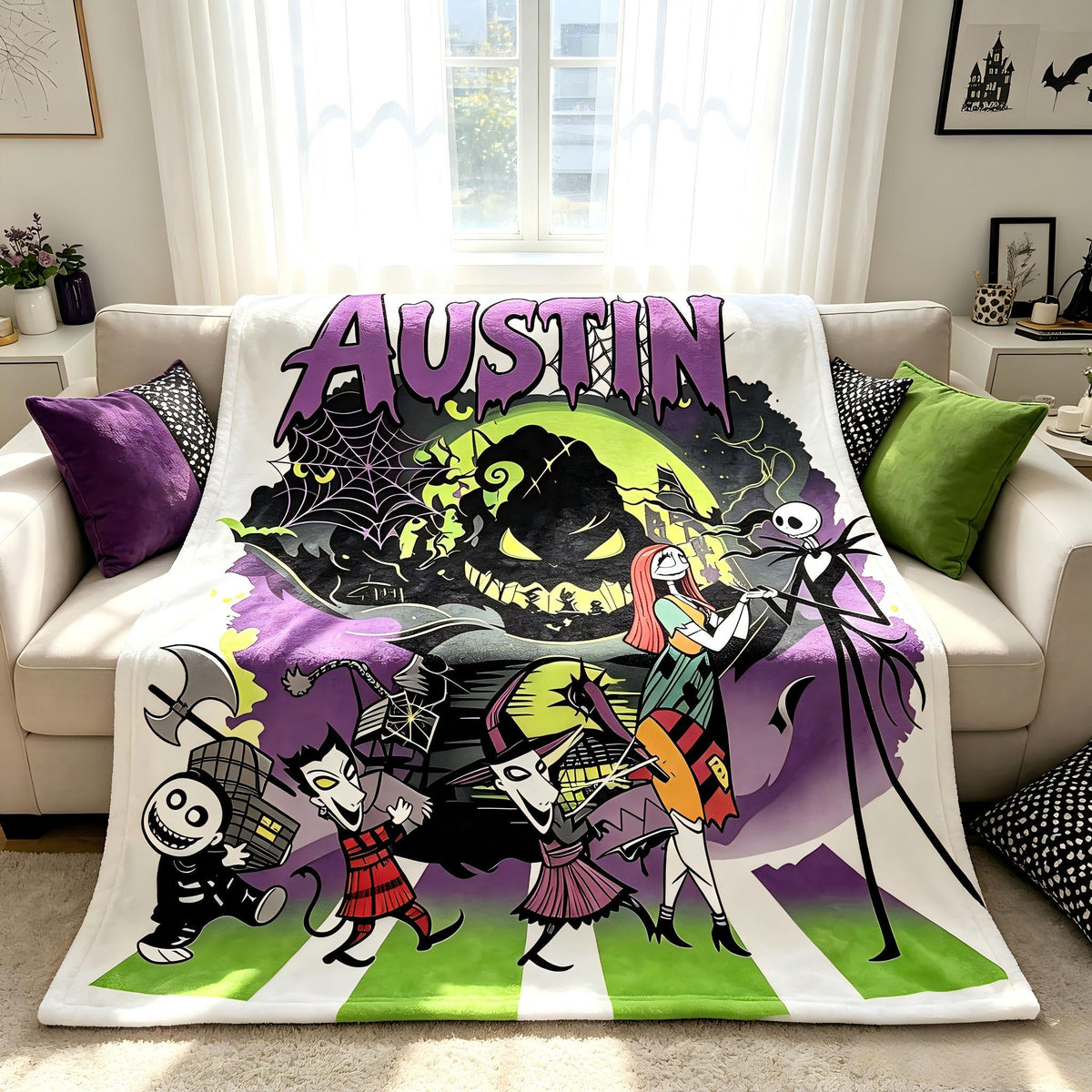 Personalized Jack and Sally Flannel Blanket, Custom Name Spooky Halloween Throw, Gothic Christmas Gift For Kids, Halloween Town Decor