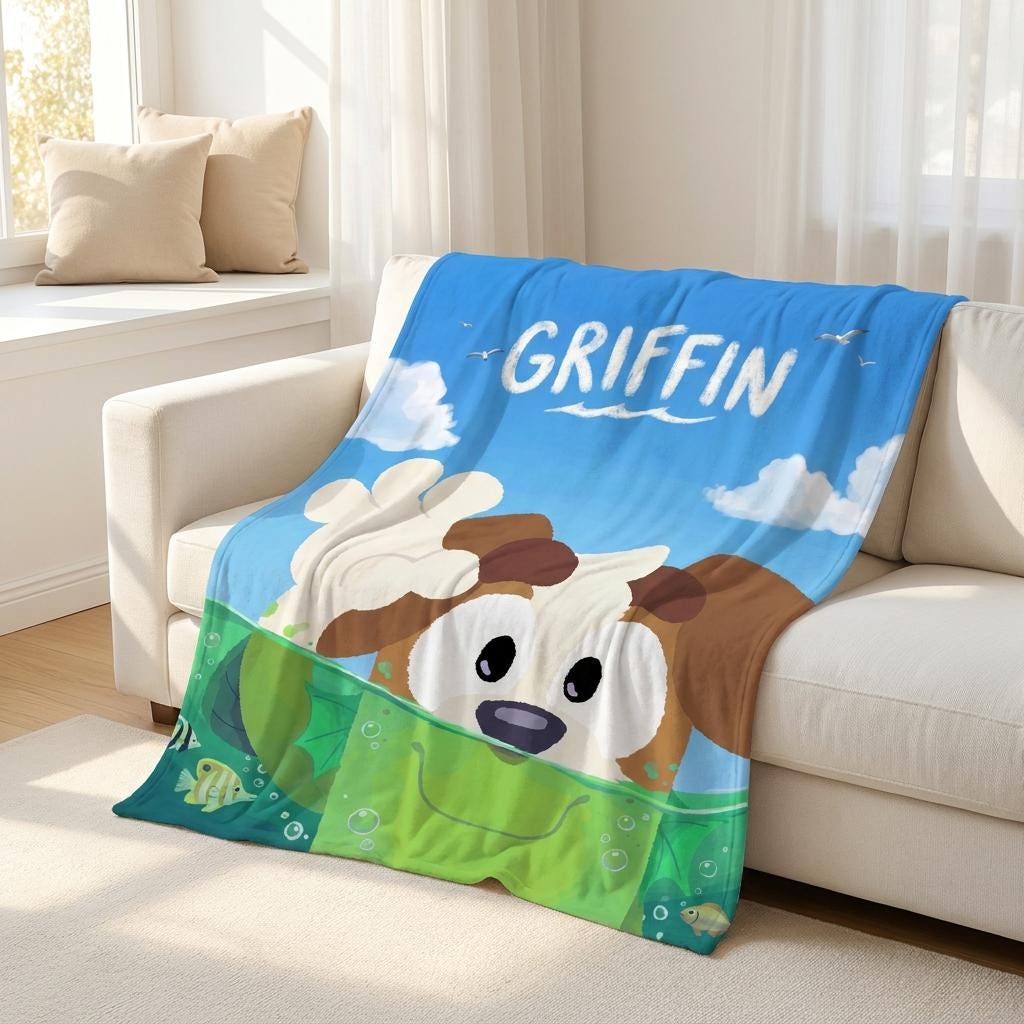 Personalized Cartoon Dog Blanket, Custom Name Flannel Throw for Kids Toddlers, Boys Birthday Gift, Nursery Decor Cute Puppy Bedding