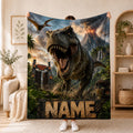 Prehistory Enthusiast Blanket Soft Throw, Custom Name T‑Rex Jungle Volcano Landscape Artwork