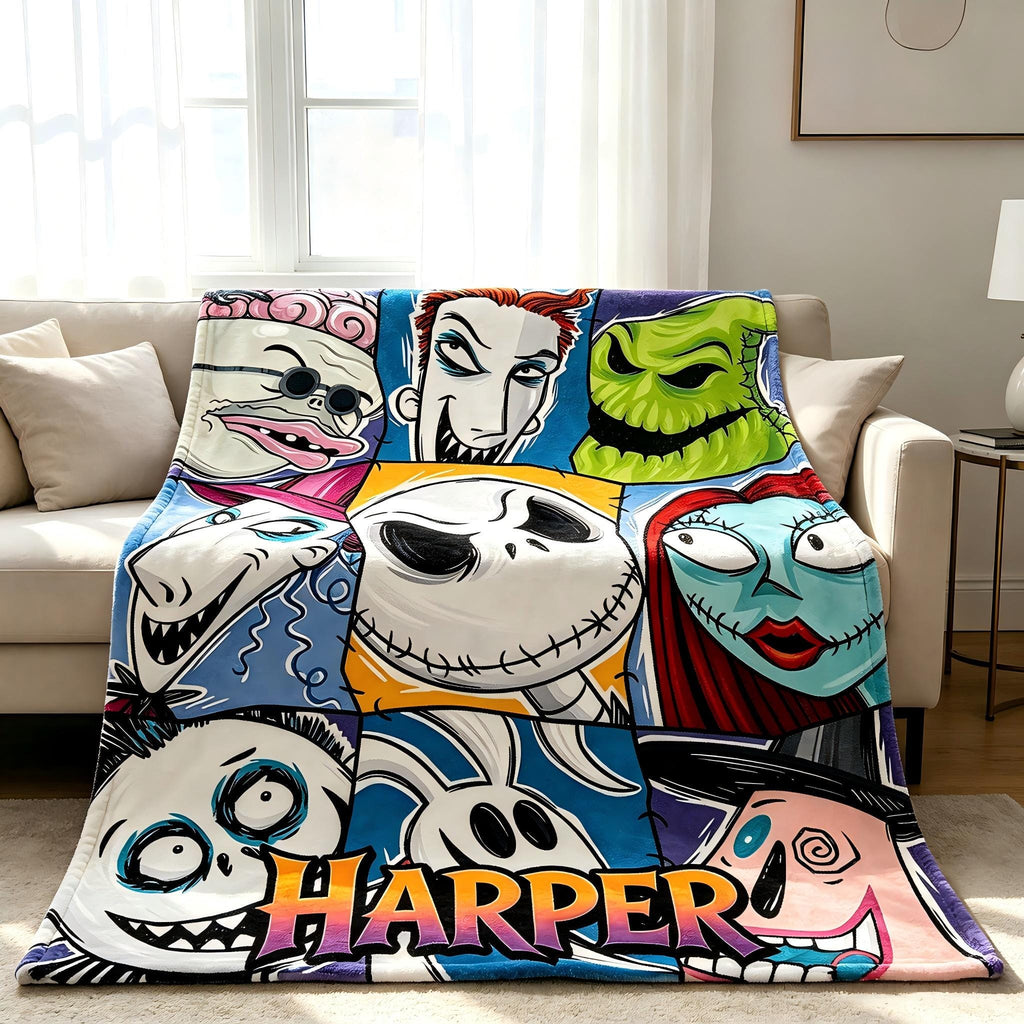 Personalized Name Flannel Blanket Custom Spooky Halloween Christmas Character Throw Gothic Movie Fan Gift Jack Sally Kids Aesthetic Decor