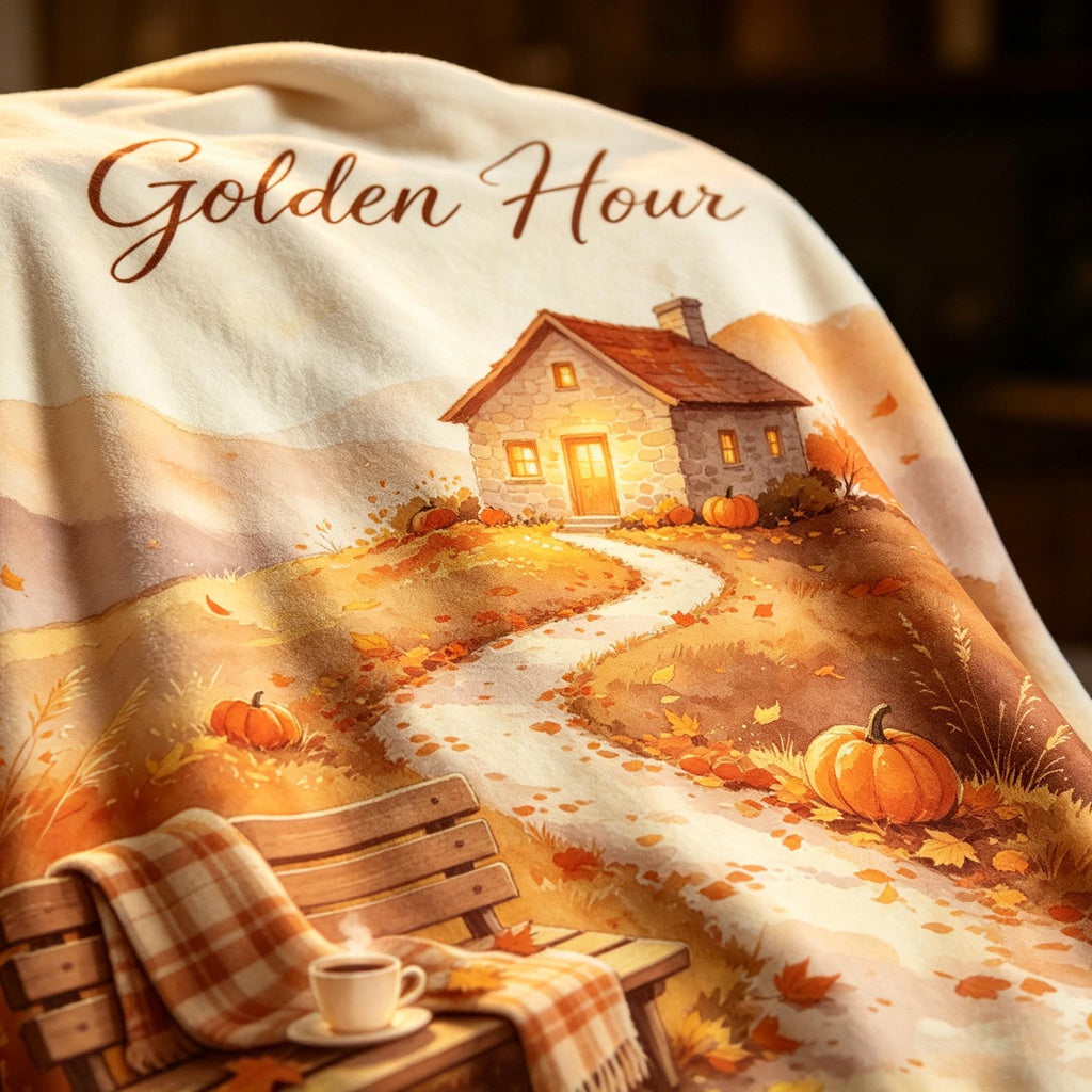 Golden Hour Blanket, Autumn Landscape Throw, Cozy Cabin Flannel, Sunset Fall Decor, Warm Home Gift