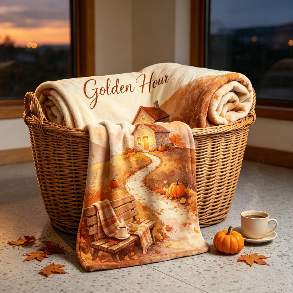 Golden Hour Blanket, Autumn Landscape Throw, Cozy Cabin Flannel, Sunset Fall Decor, Warm Home Gift