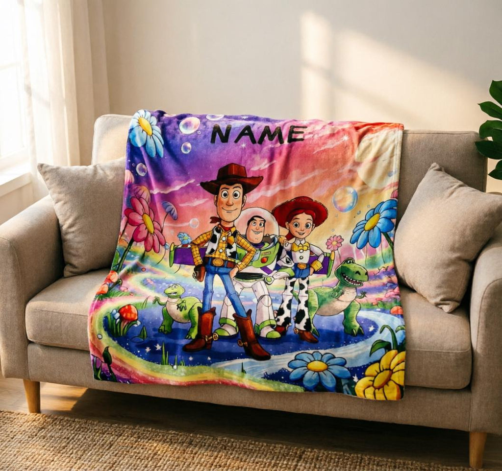 Custom‑Name Toy Story Blanket Soft Throw, Rainbow Dream Scene, Gift For Playful Kids