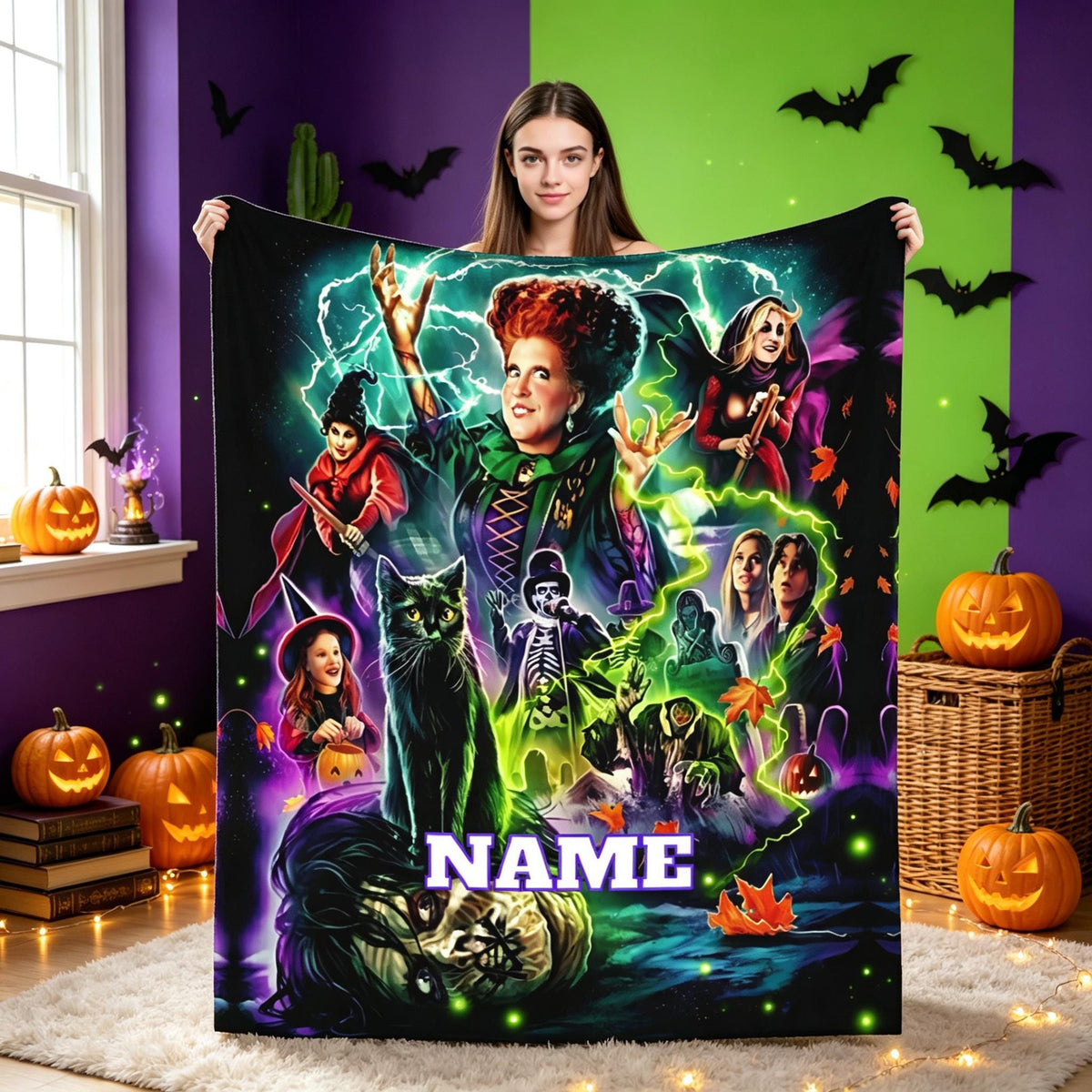 Personalized Halloween Witch Blanket, Custom Name Flannel Throw, Spooky Witchy Blanket, Black Cat Halloween Decor, Birthday Gift