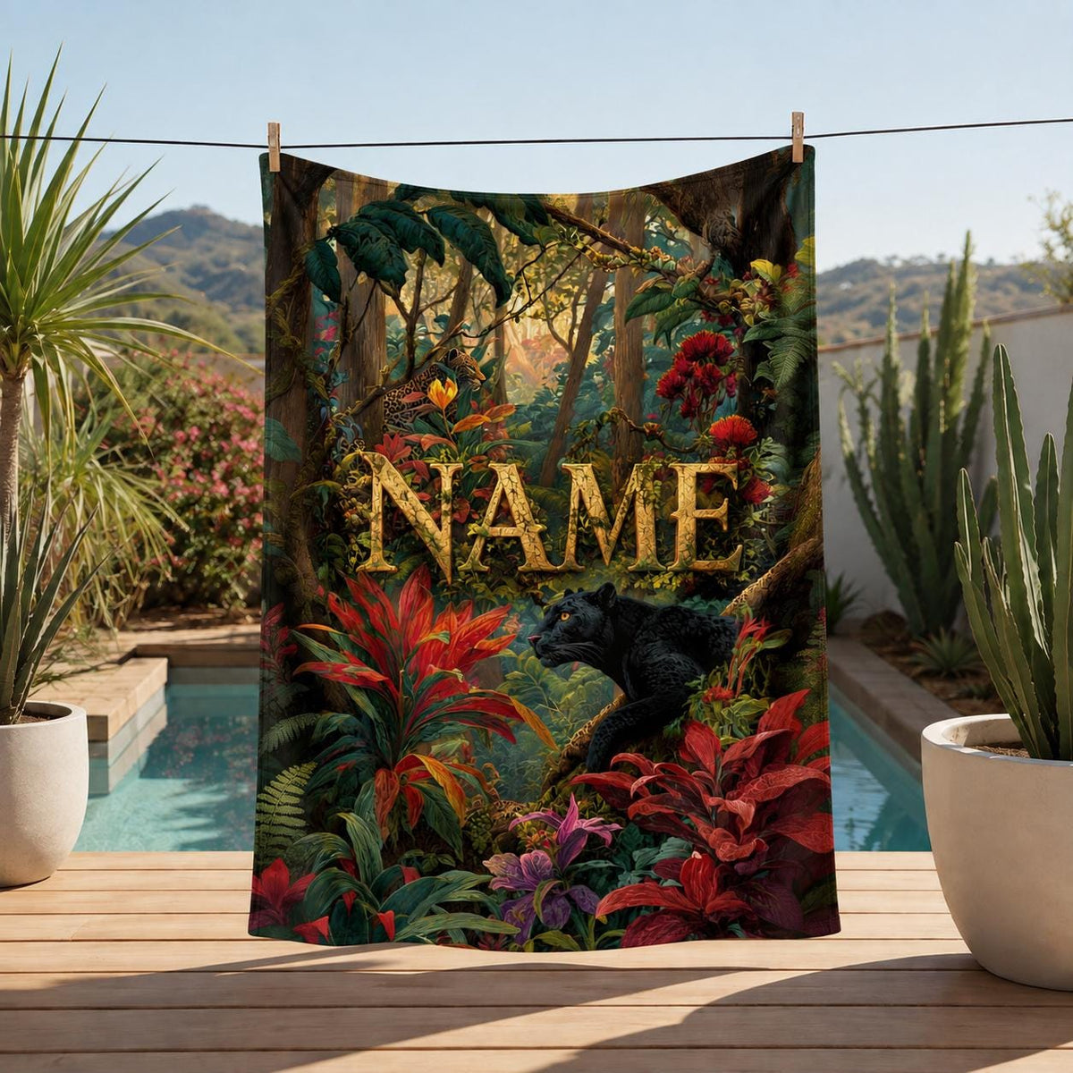 Wildlife Art Enthusiast Blanket Soft Throw,Custom‑Name Vibrant Rainforest Leopard Landscape Print