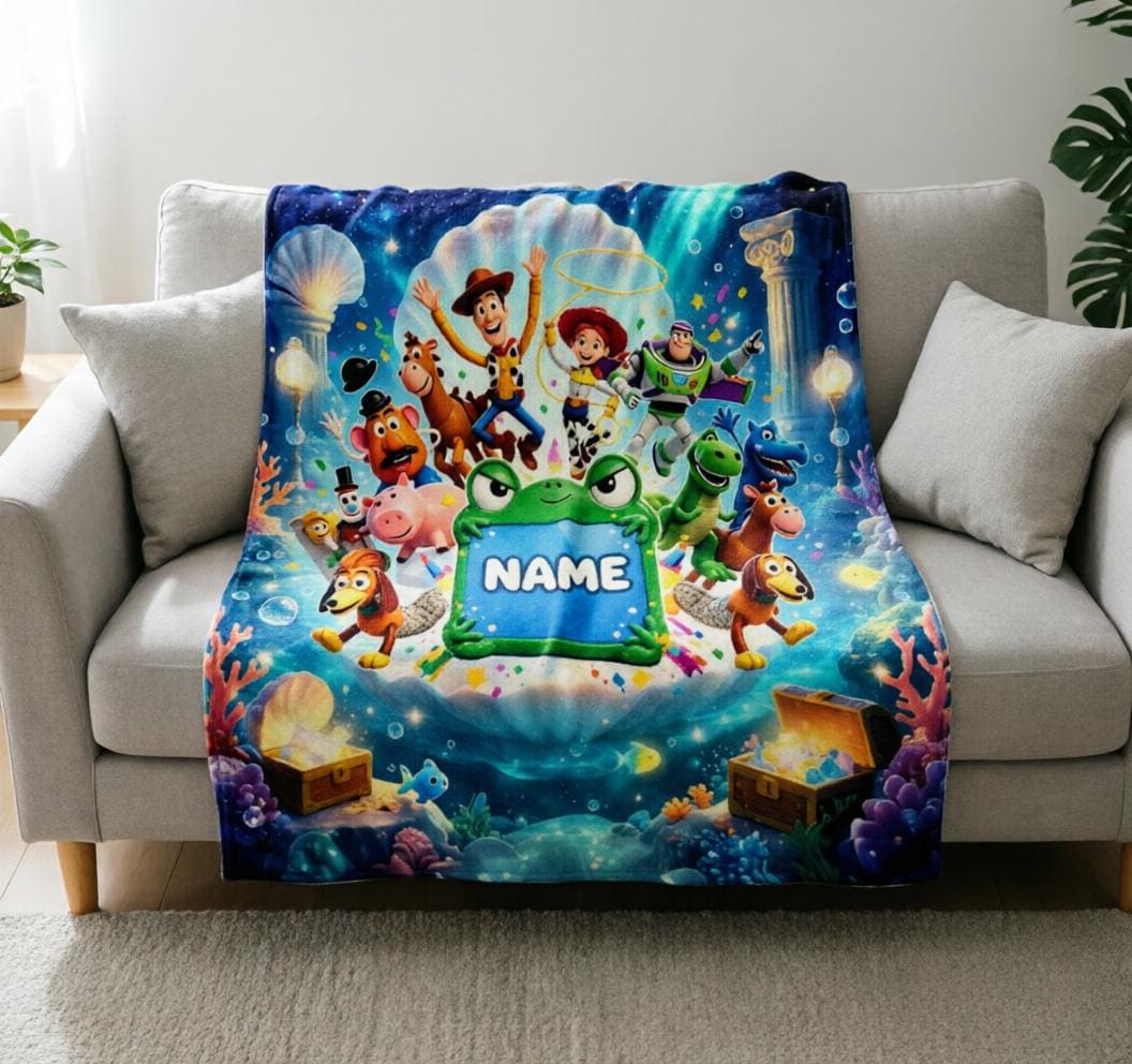 Toy Story Ocean Blanket Soft Throw, Custom Name Frame, Gift For Adventure Little Fans