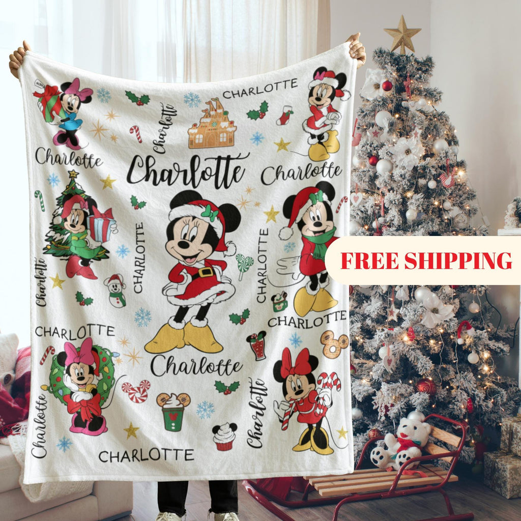 Minnie Mouse Christmas Blanket Family, Minnie Mouse Christmas Gift, Family Name Blanket for Xmas, Disney Home Decor, Disney Christmas Gift