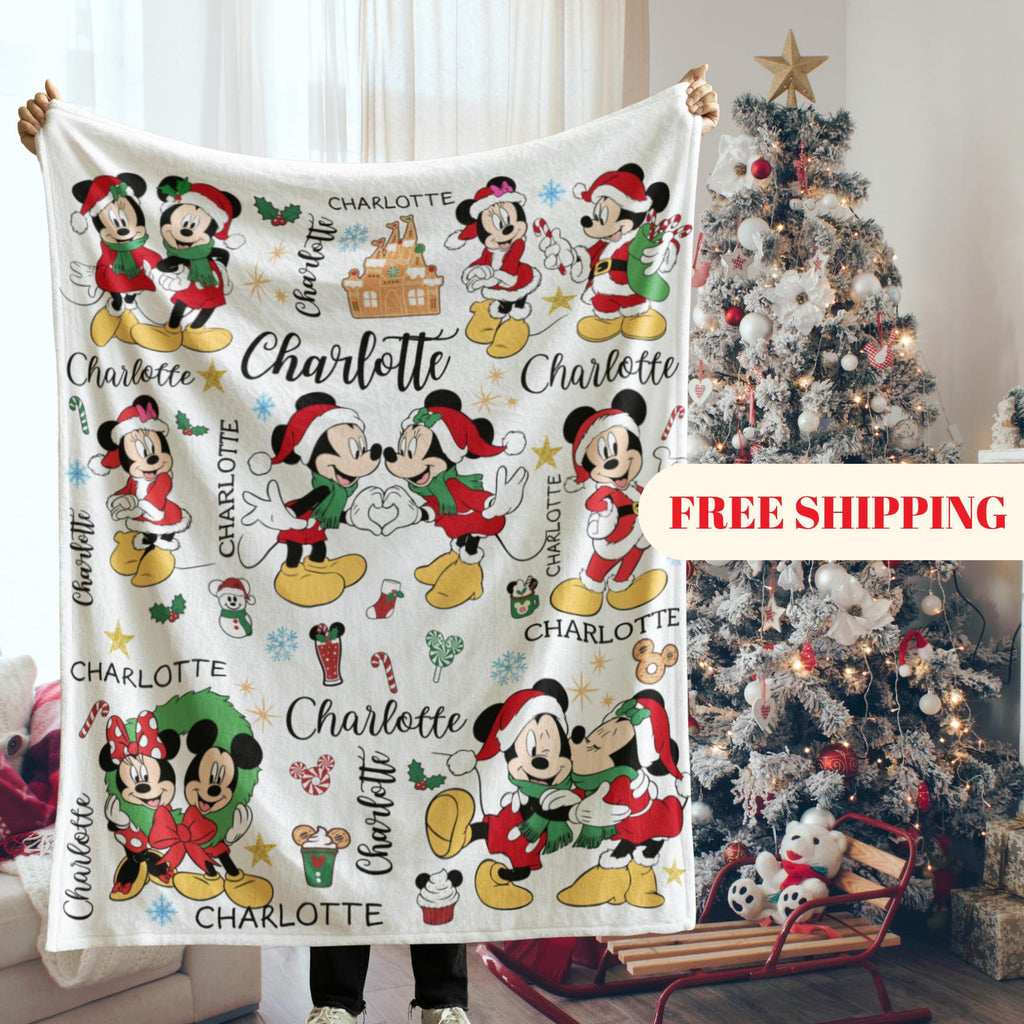Mickey and Minnie Christmas Blanket Family, Mickey Mouse Christmas Gift, Family Name Blanket, Disney Home Decor, Disney Christmas Gift