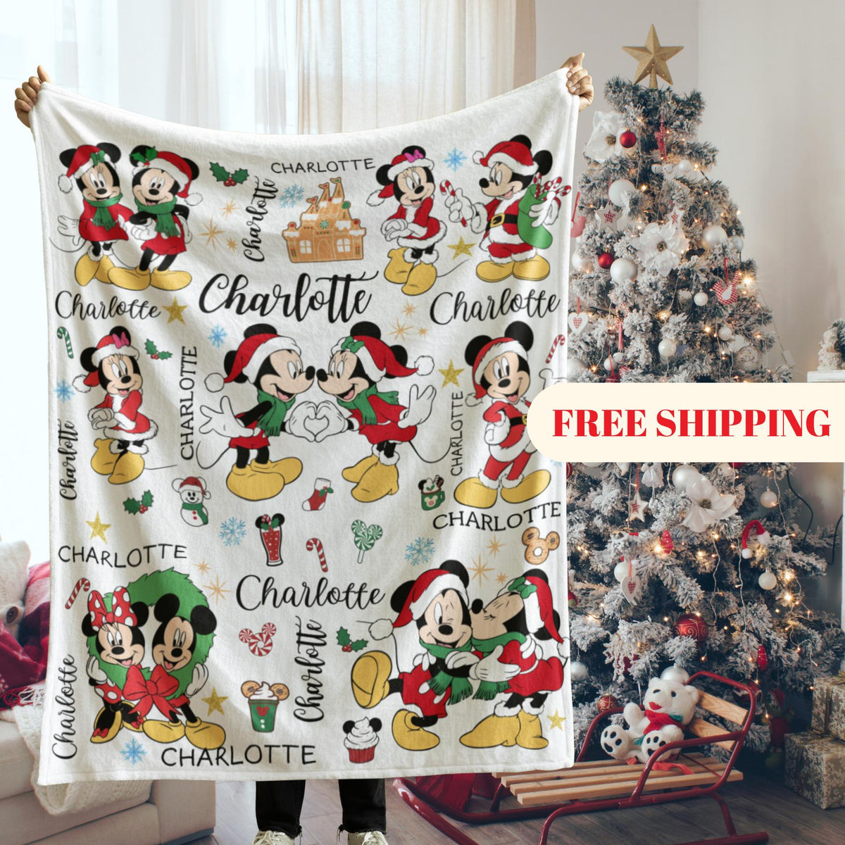 Mickey and Minnie Christmas Blanket Family, Mickey Mouse Christmas Gift, Family Name Blanket, Disney Home Decor, Disney Christmas Gift