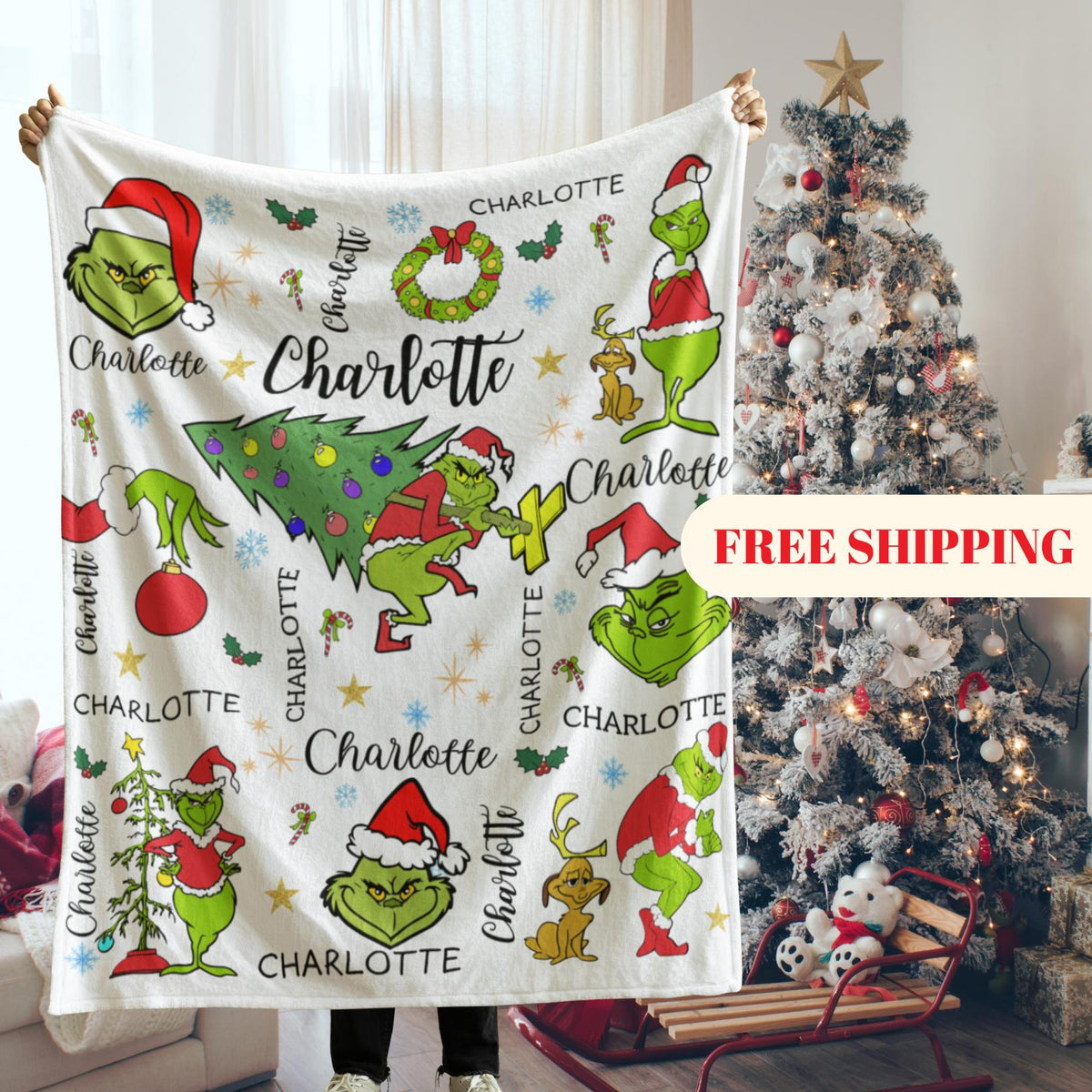 Personalized Name Grinch Blanket Grinchmas Blanket Cartoon Blanket For Boy and Girl Best Gift Blanket Custom Christmas Throw Blanket