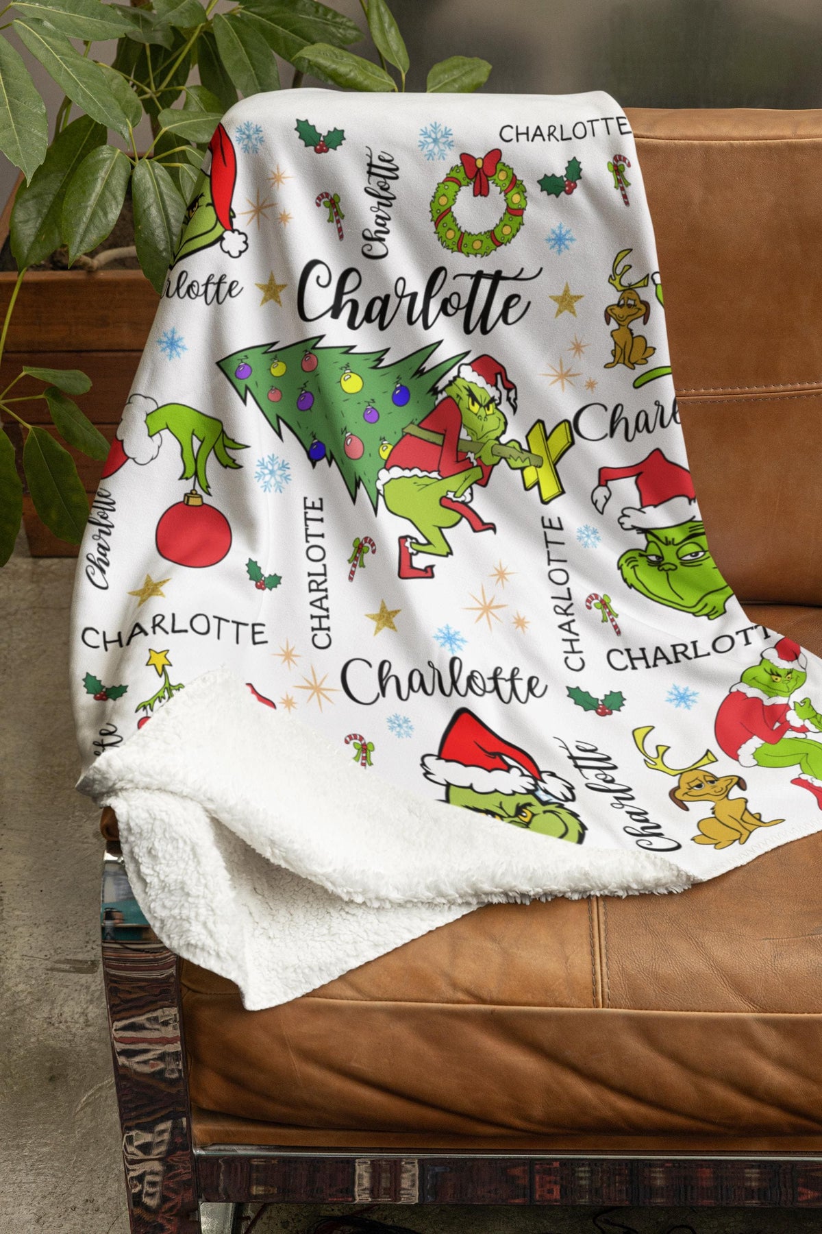 Personalized Name Grinch Blanket Grinchmas Blanket Cartoon Blanket For Boy and Girl Best Gift Blanket Custom Christmas Throw Blanket