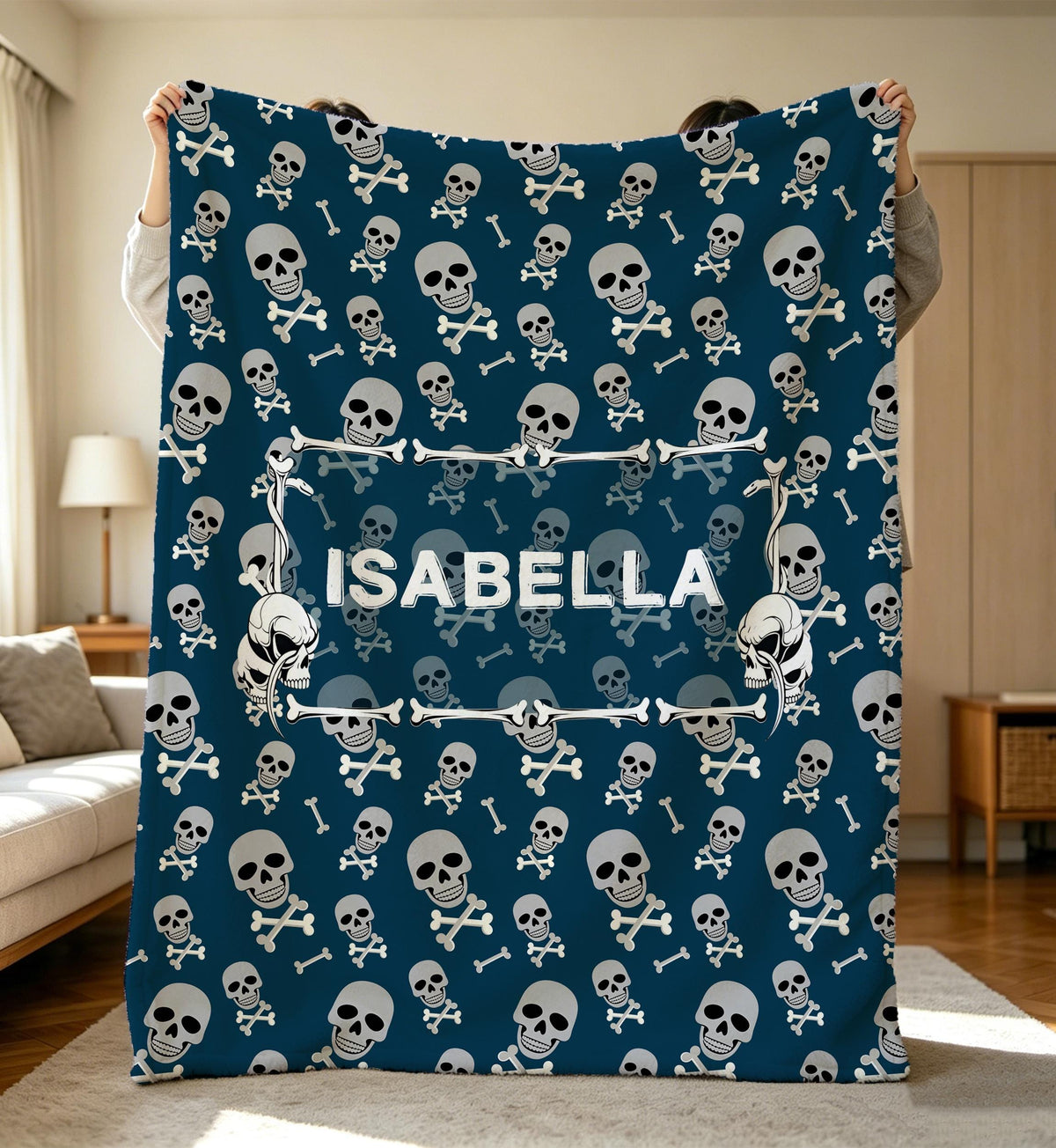 Personalized Skeleton Flannel Blanket for Kids/Teens/Adult,White Skulls and Bones,Classic Goth/Halloween Theme Decor,Skeleton Birthday Gift