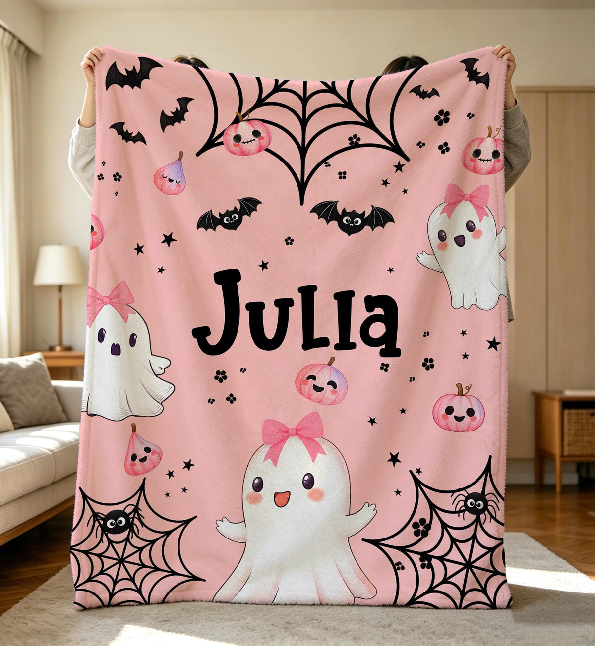 Personalized Halloween Blanket,Cute Ghosts Blanket,Daughter Spooky Season Gift,Custom Name Soft Flannel Throw Blanket,Halloween Home Decor