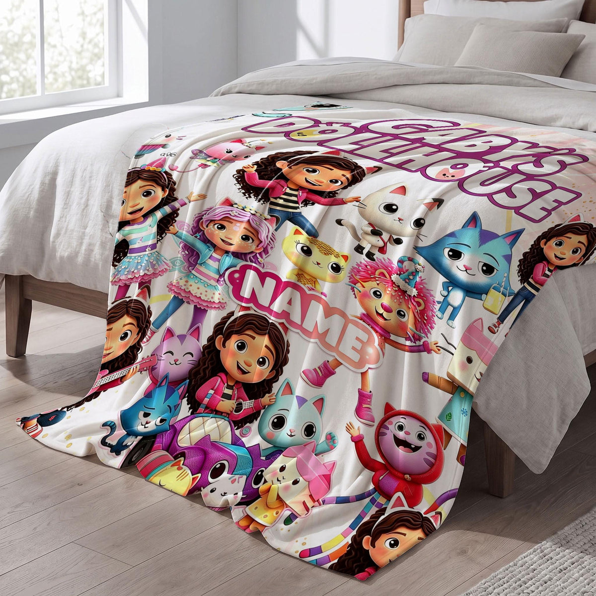 Gabby's Dollhouse 3D Character Blanket, Custom Name Pandy Paws Throw, Kids Cartoon Bedding, Girls Birthday Gift