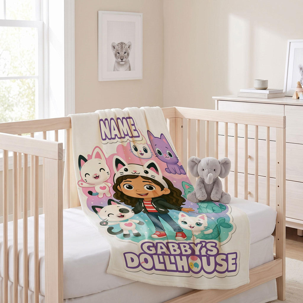 Gabby's Dollhouse Pastel Blanket, Cute Pandy Paws Mercat Throw, Custom Name Bedding, Kids Nursery Gift