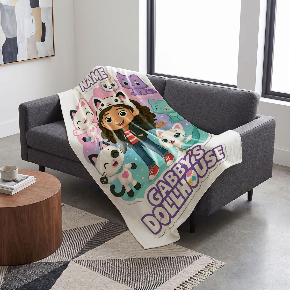Gabby's Dollhouse Pastel Blanket, Cute Pandy Paws Mercat Throw, Custom Name Bedding, Kids Nursery Gift