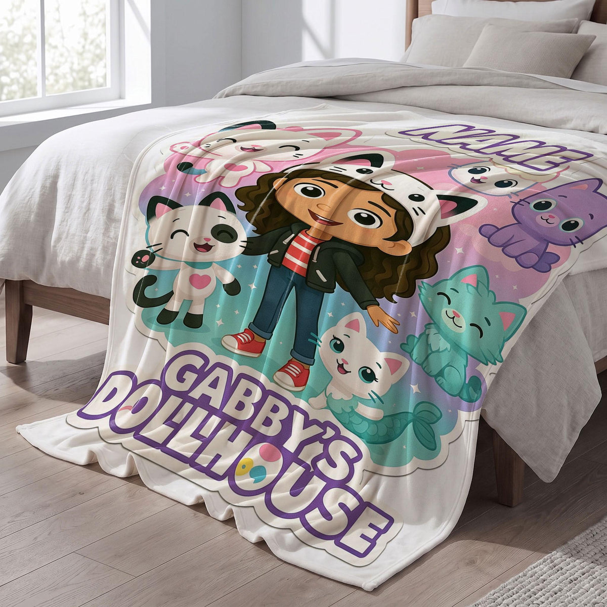 Gabby's Dollhouse Pastel Blanket, Cute Pandy Paws Mercat Throw, Custom Name Bedding, Kids Nursery Gift