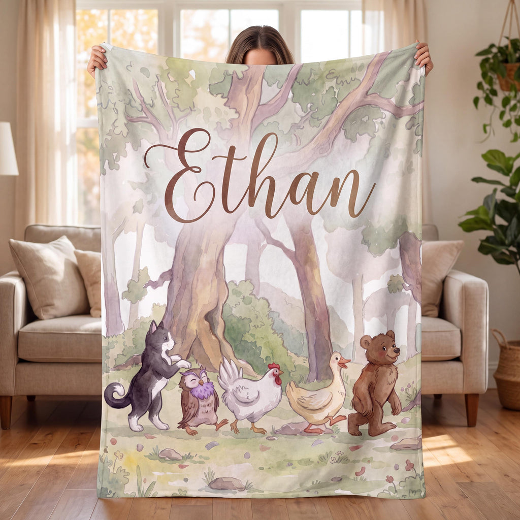 Personalized Woodland Bear Blanket, Custom Forest Animal Flannel Throw, Vintage Baby Boy Nursery Bedding, Toddler Gift, Name Baby Blanket