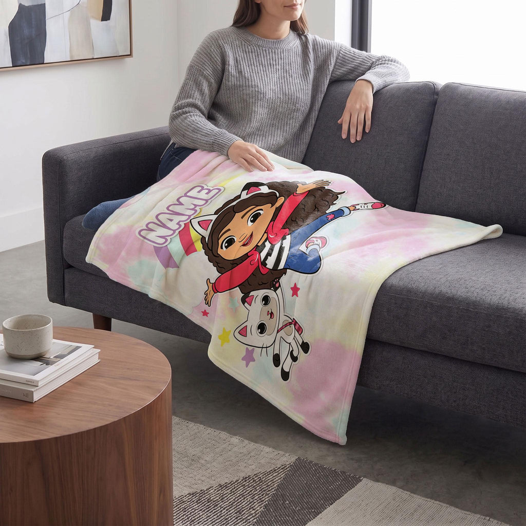 Gabby and Pandy Paws Jumping Blanket, Pastel Rainbow Tie Dye Throw, Kids Cartoon Bedding, Dollhouse Fan Gift