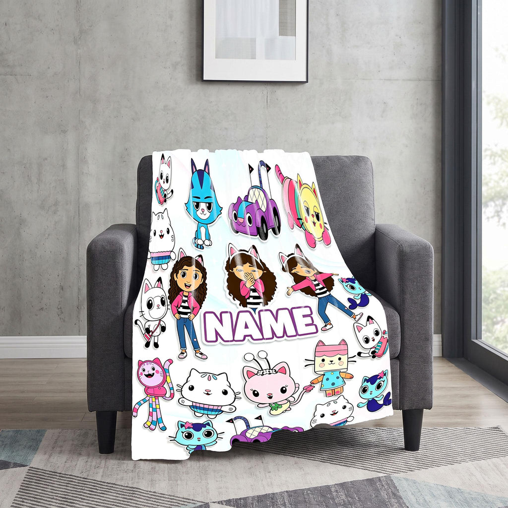 Gabby's Dollhouse Sticker Blanket, Cute Pandy Paws Collage Throw, Custom Name Kids Bedding, Girls Birthday Gift