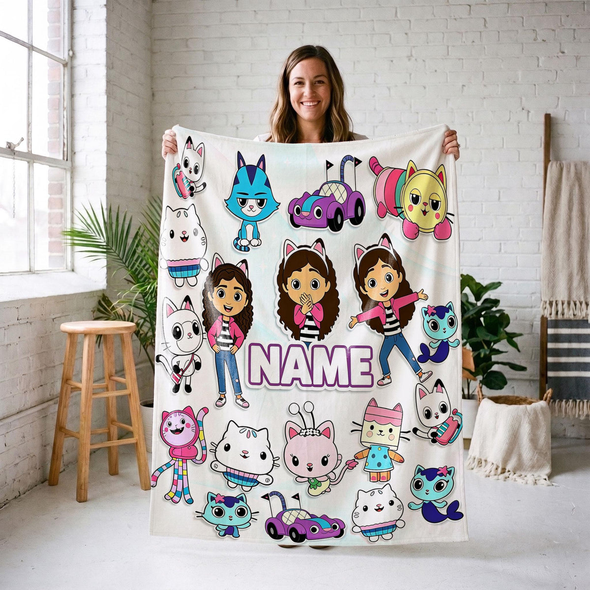 Gabby's Dollhouse Sticker Blanket, Cute Pandy Paws Collage Throw, Custom Name Kids Bedding, Girls Birthday Gift