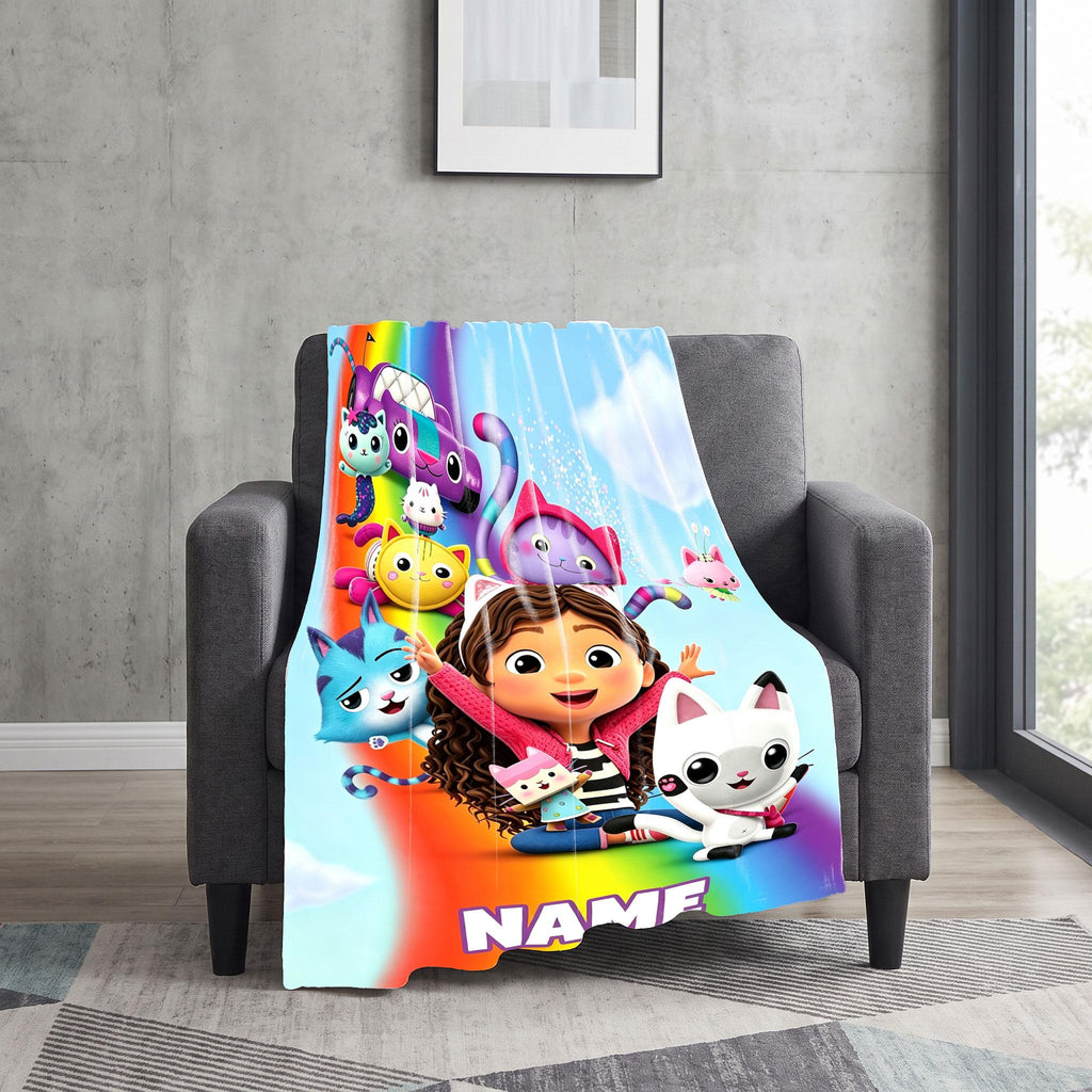 Gabby's Rainbow Adventure Blanket, 3D Dollhouse Custom Throw, Kids Cartoon Bedding, Girls Birthday Gift