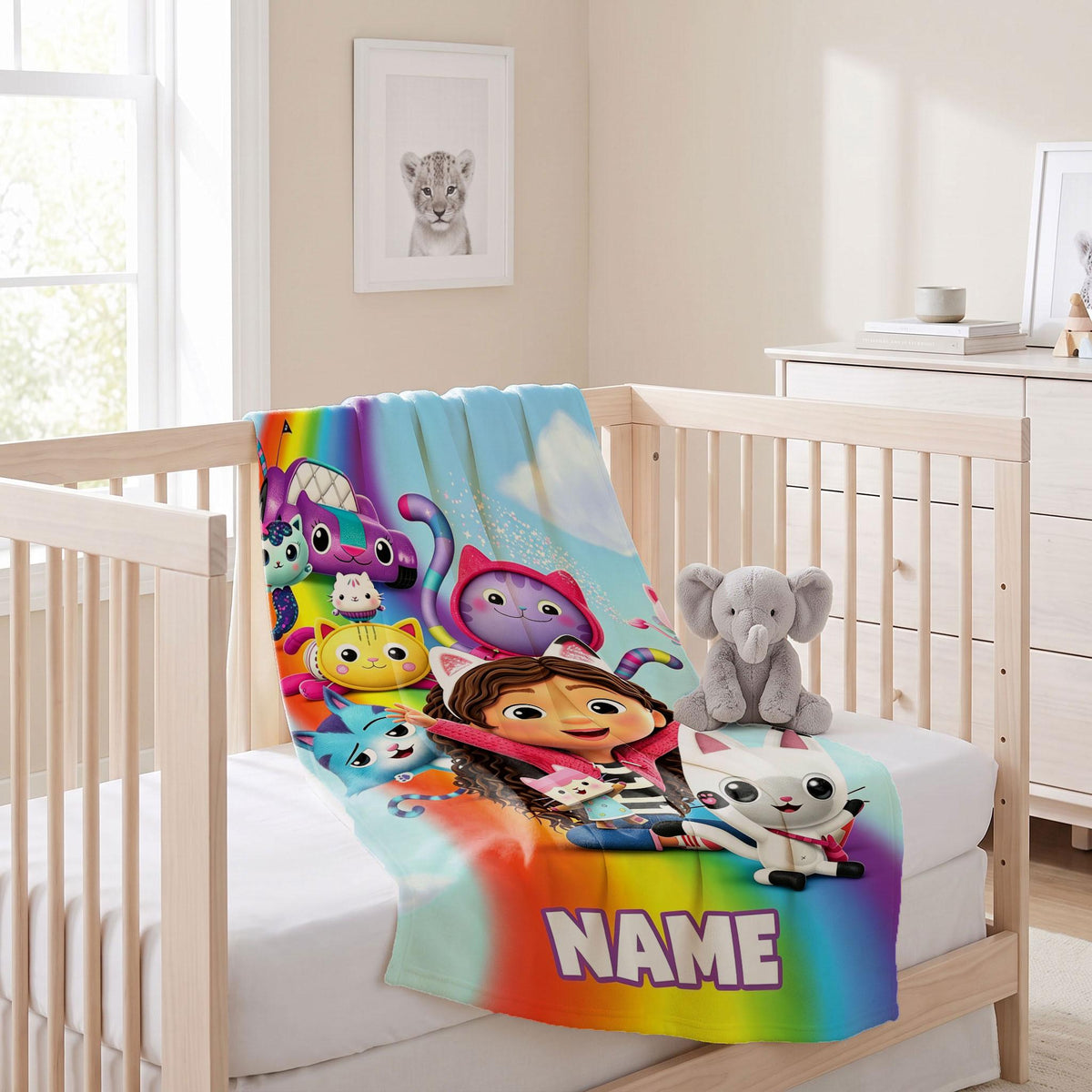 Gabby's Rainbow Adventure Blanket, 3D Dollhouse Custom Throw, Kids Cartoon Bedding, Girls Birthday Gift