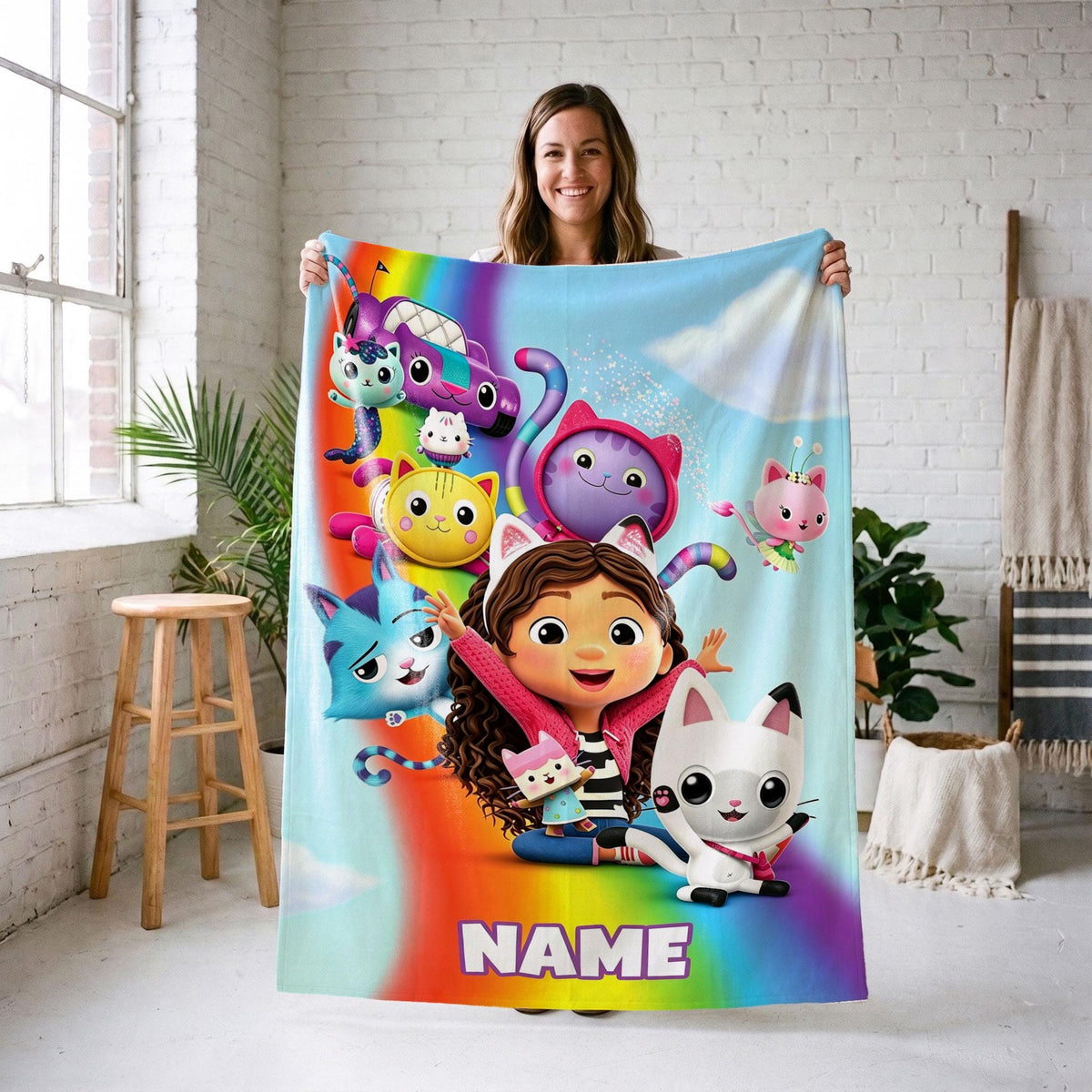 Gabby's Rainbow Adventure Blanket, 3D Dollhouse Custom Throw, Kids Cartoon Bedding, Girls Birthday Gift