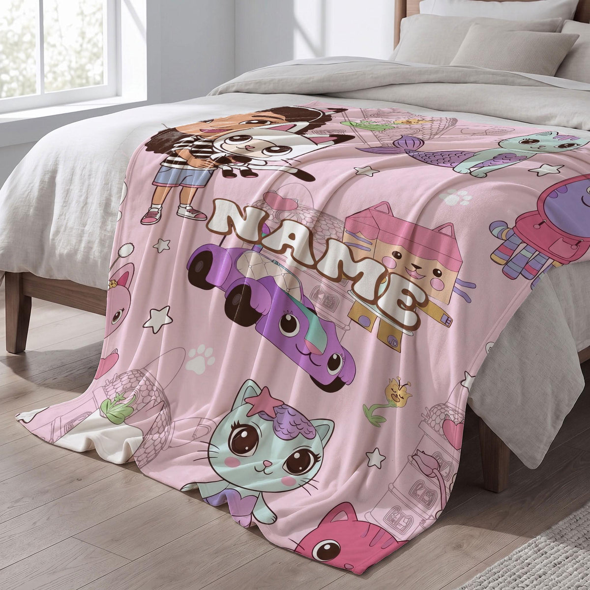 Gabby's Dollhouse Line Art Blanket, Pink Sketch Custom Throw, Pandy Paws Kids Bedding, Nursery Room Gift
