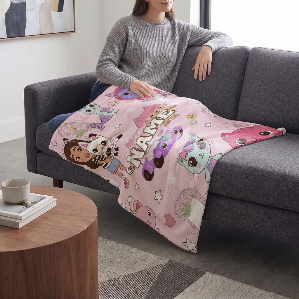 Gabby's Dollhouse Line Art Blanket, Pink Sketch Custom Throw, Pandy Paws Kids Bedding, Nursery Room Gift