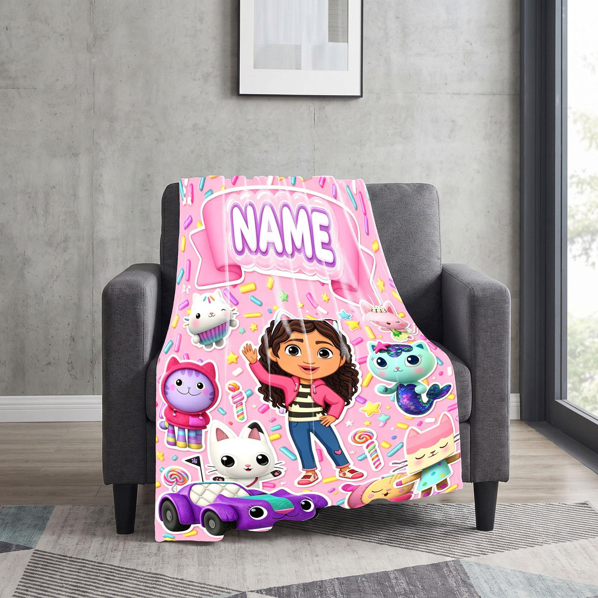 Gabby's Sweet Sprinkles Blanket, Pink Dessert Custom Throw, Kids Cartoon Bedding, Dollhouse Birthday Gift
