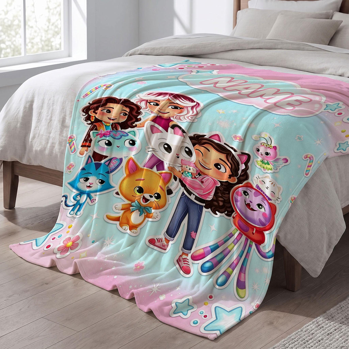 Gabby's Starry Hug Blanket, Ice Blue Dreamy Custom Throw, Kids Cartoon Bedding, Girls Cozy Room Gift