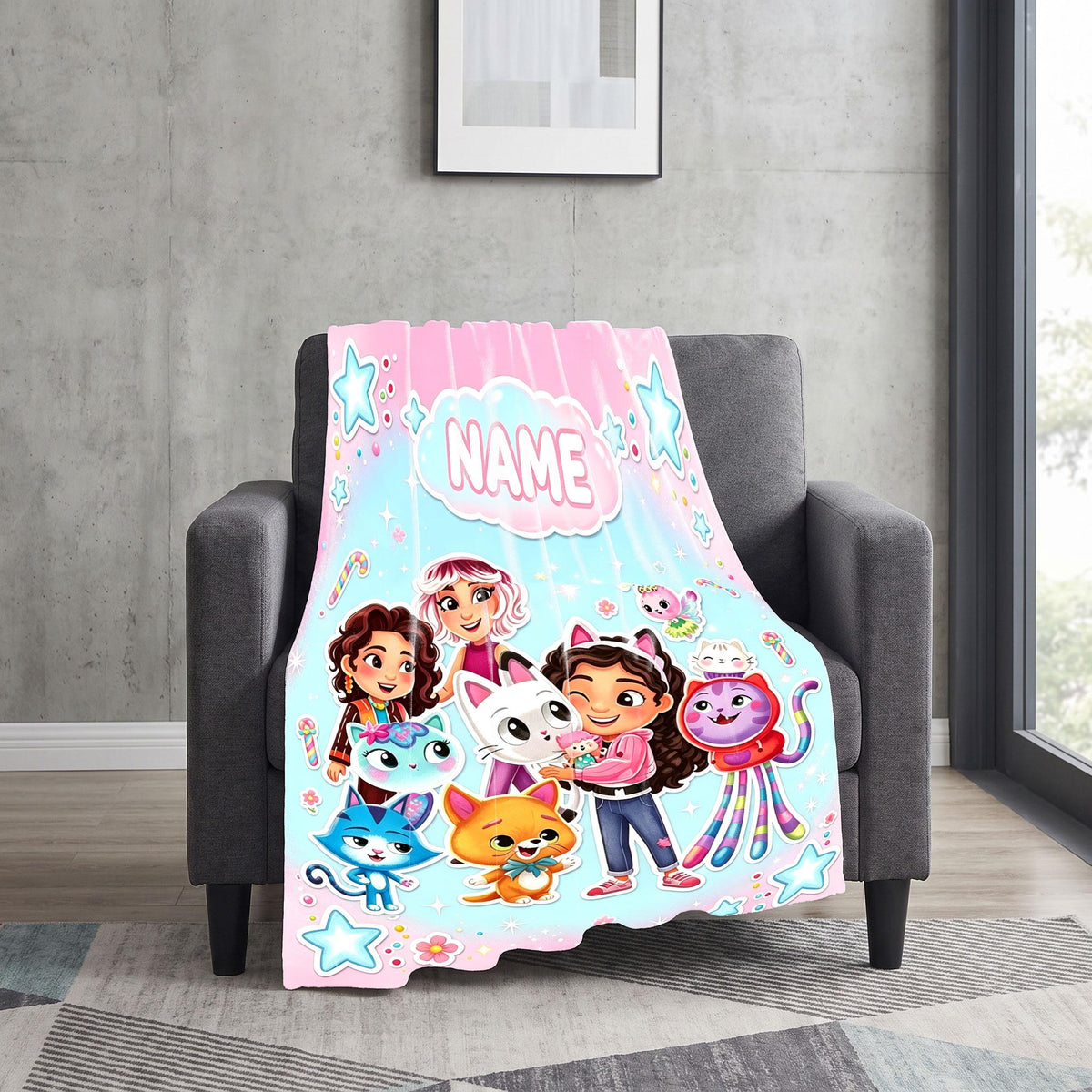 Gabby's Starry Hug Blanket, Ice Blue Dreamy Custom Throw, Kids Cartoon Bedding, Girls Cozy Room Gift