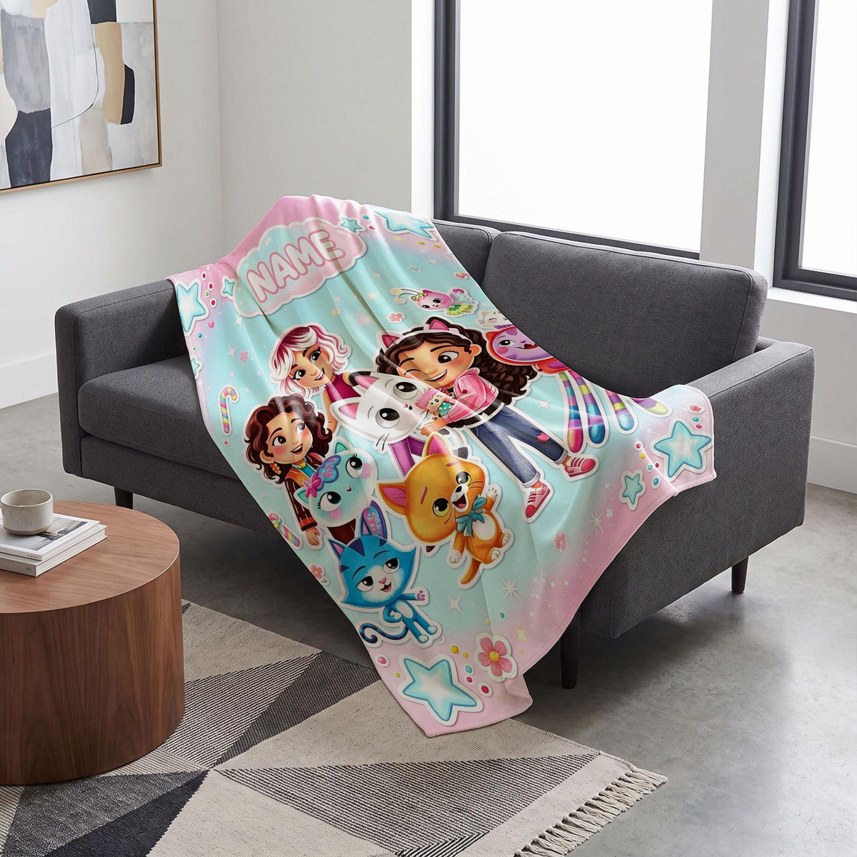 Gabby's Starry Hug Blanket, Ice Blue Dreamy Custom Throw, Kids Cartoon Bedding, Girls Cozy Room Gift