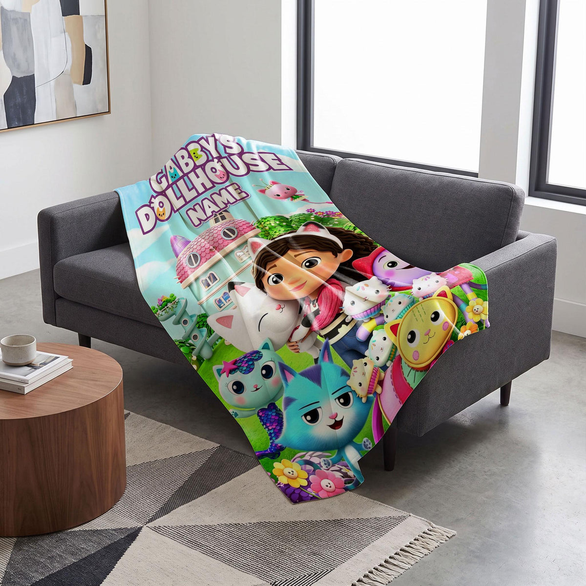 Gabby's Dollhouse Meadow Blanket, 3D Magic Garden Throw, Custom Name Kids Bedding, Girls Cozy Room Gift