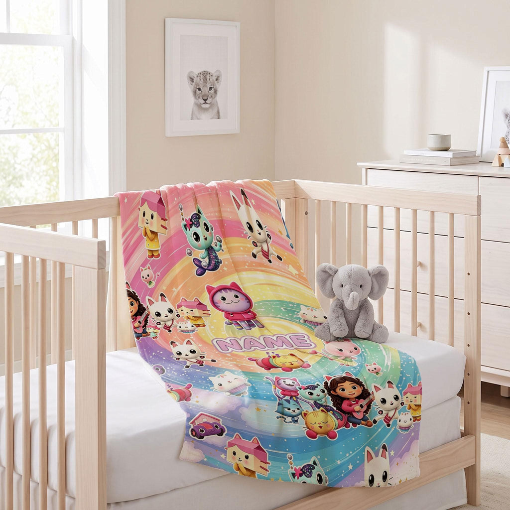 Gabby's Rainbow Swirl Blanket, Dollhouse Magic Custom Throw, Kids Cartoon Bedding, Girls Room Gift