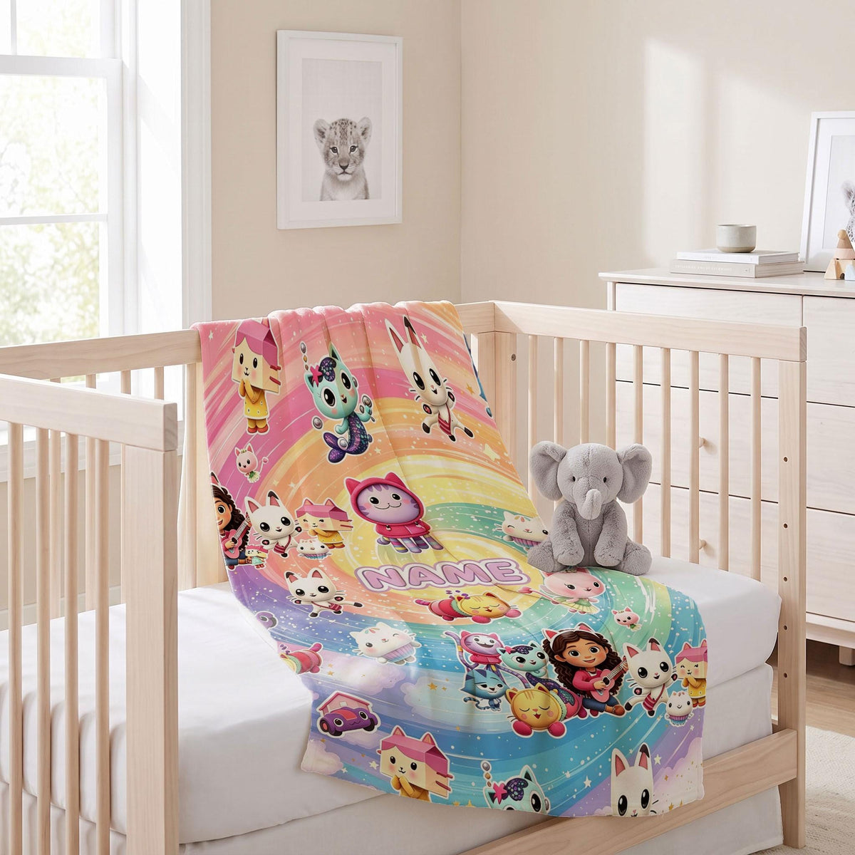 Gabby's Rainbow Swirl Blanket, Dollhouse Magic Custom Throw, Kids Cartoon Bedding, Girls Room Gift